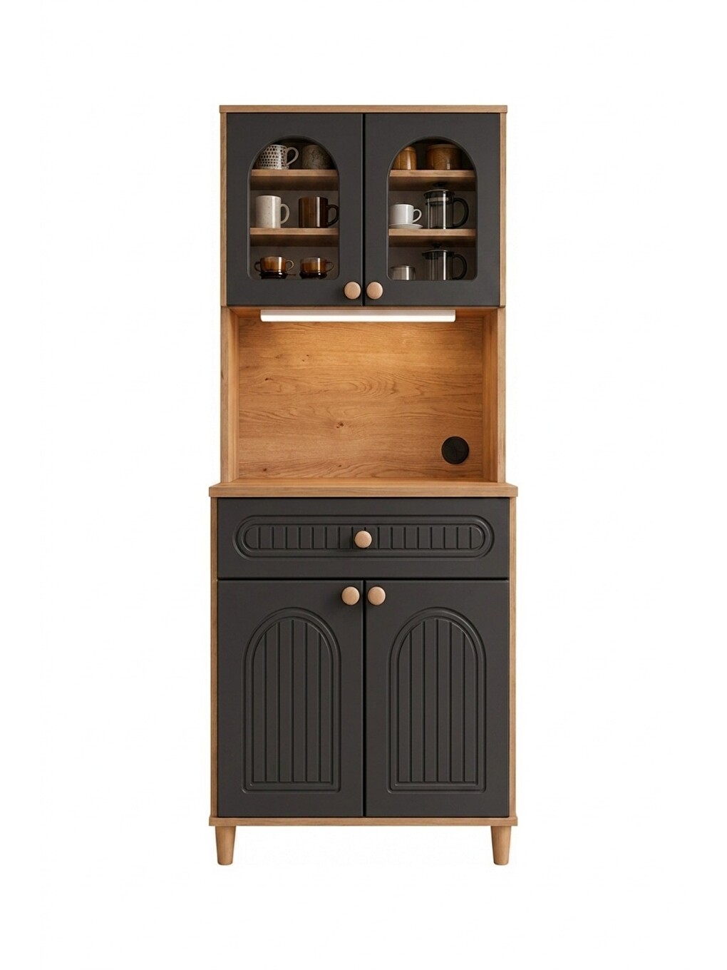 Barista Led Aydınlatmalı Kahve Köşesi Dolabı Retro Büfe 195cm Mdf Antrasit