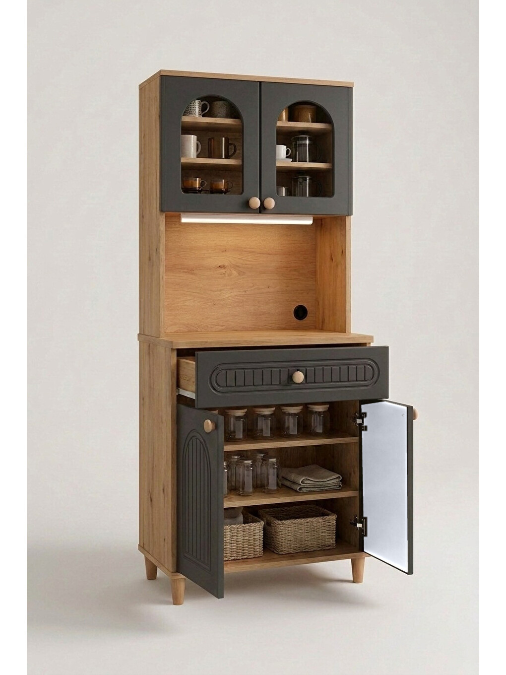 Barista Led Aydınlatmalı Kahve Köşesi Dolabı Retro Büfe 195cm Mdf Antrasit-3
