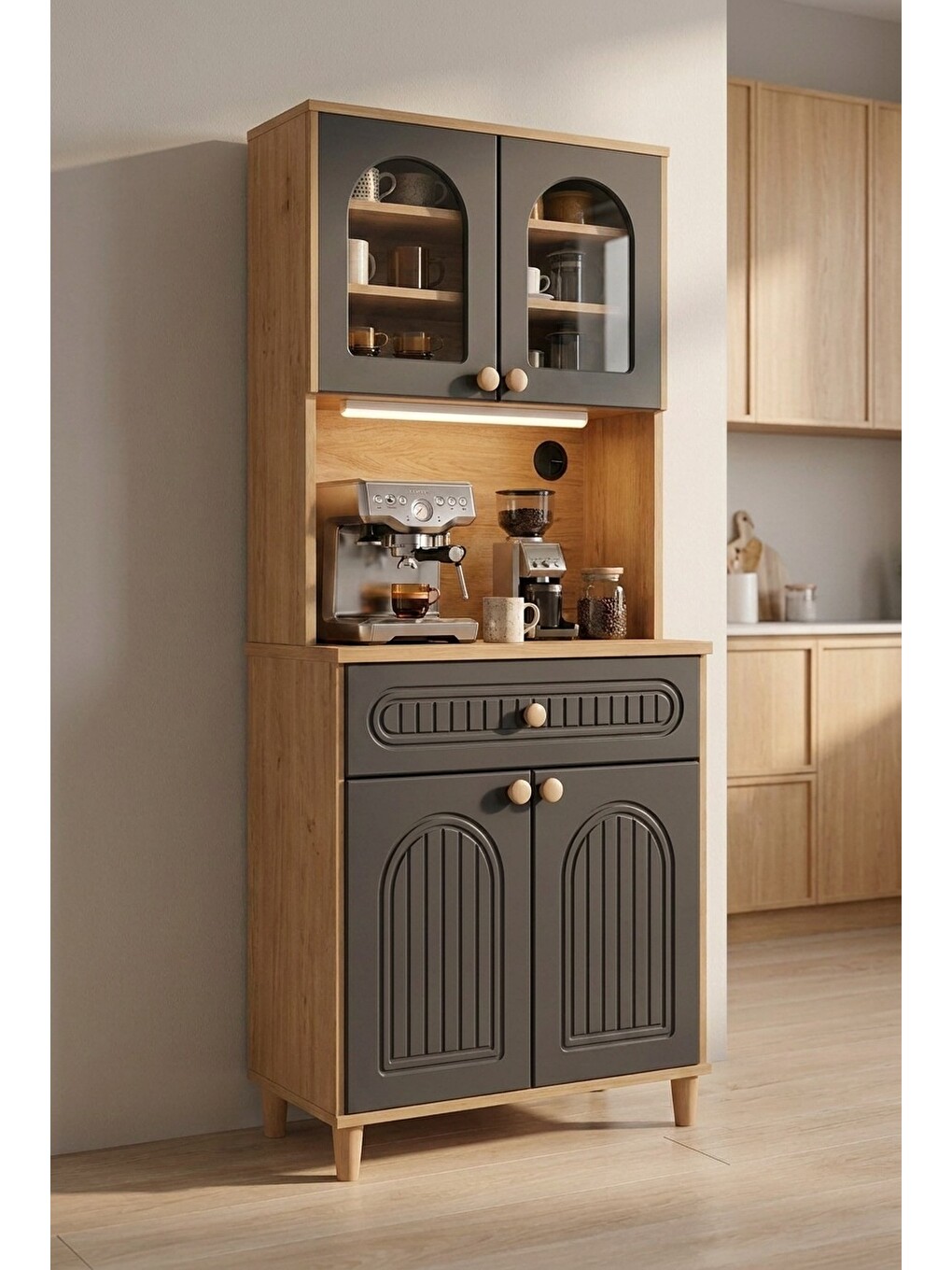 Barista Led Aydınlatmalı Kahve Köşesi Dolabı Retro Büfe 195cm Mdf Antrasit-4