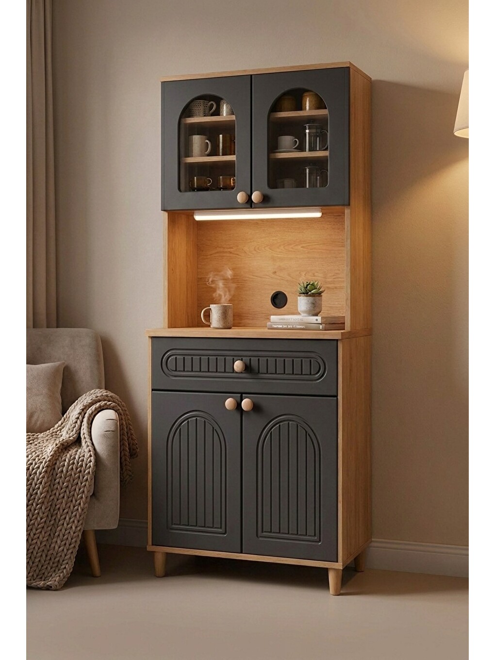 Barista Led Aydınlatmalı Kahve Köşesi Dolabı Retro Büfe 195cm Mdf Antrasit-5