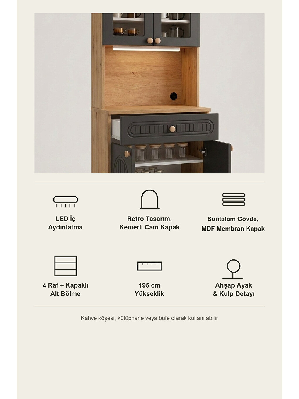Barista Led Aydınlatmalı Kahve Köşesi Dolabı Retro Büfe 195cm Mdf Antrasit-6