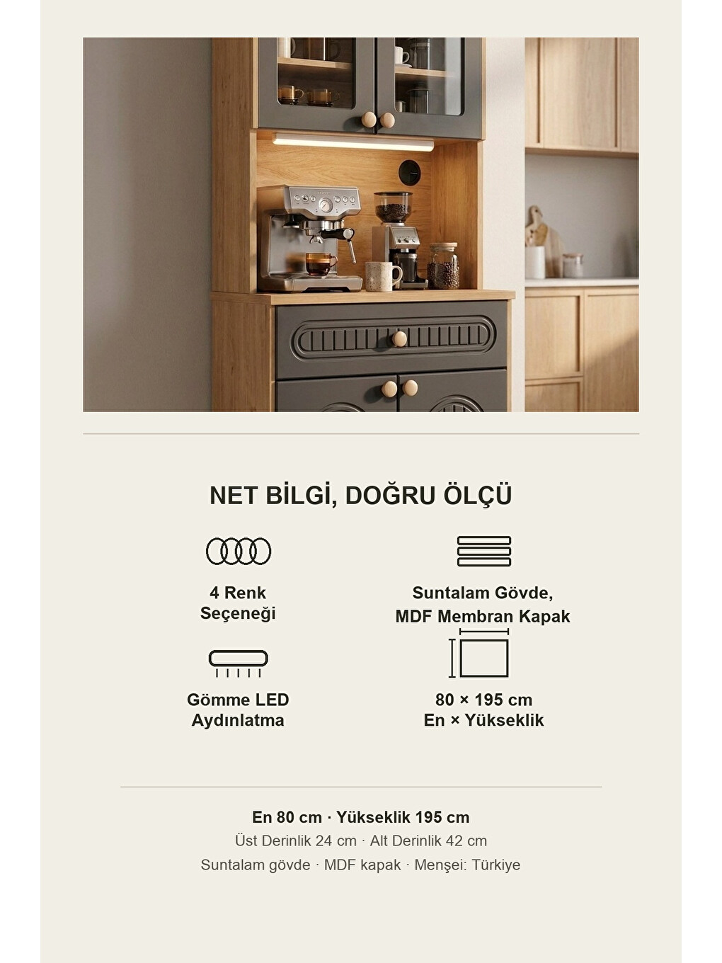 Barista Led Aydınlatmalı Kahve Köşesi Dolabı Retro Büfe 195cm Mdf Antrasit-7