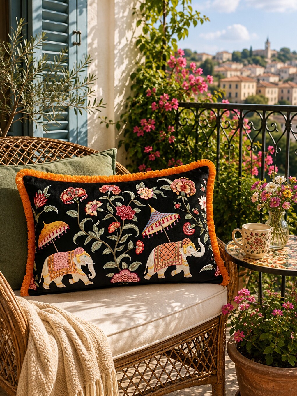 Turuncu Siyah Fil Ve Çiçek Desenli Saçaklı Dikdörtgen Dekoratif Kırlent Kılıfı 40x60 Cm-2