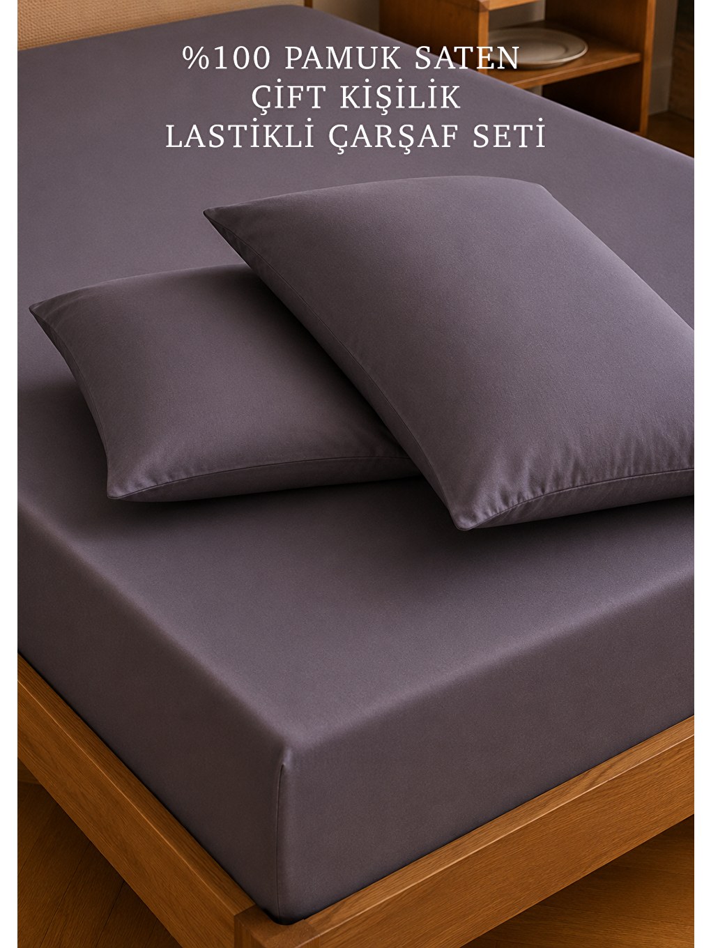 %100 Pamuk Saten Çift Kişilik Lastikli Çarşaf Seti Antrasit (160x200x35 Cm)