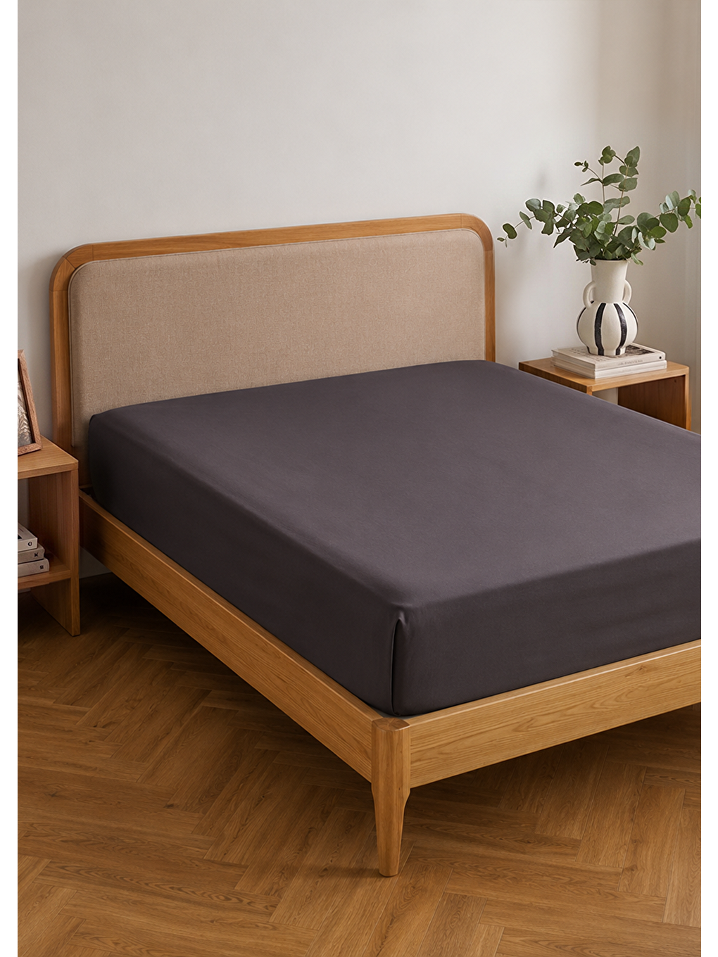 %100 Pamuk Saten Çift Kişilik Lastikli Çarşaf Seti Antrasit (160x200x35 Cm)-1