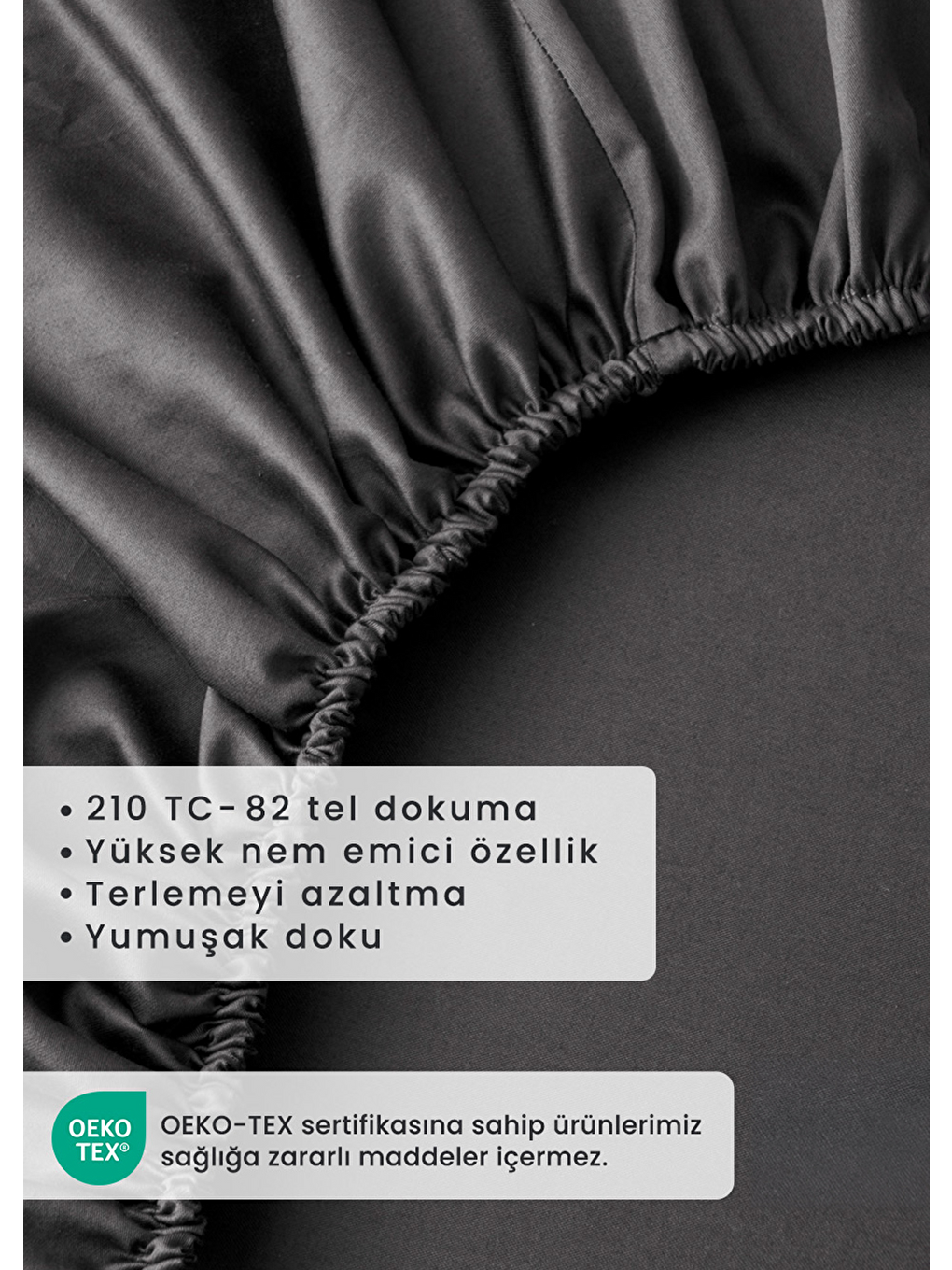 %100 Pamuk Saten Çift Kişilik Lastikli Çarşaf Seti Antrasit (160x200x35 Cm)-3