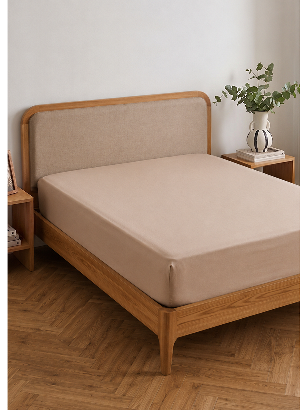 Bej %100 Pamuk Saten Çift Kişilik Lastikli Çarşaf Seti Vizon (160x200x35 Cm)-1