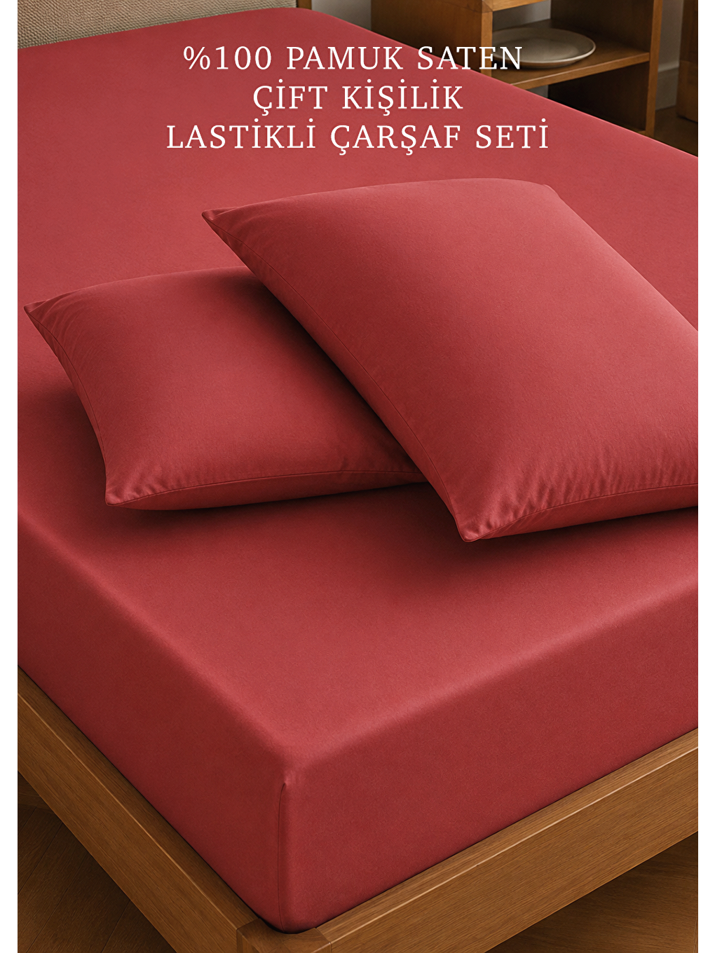 %100 Pamuk Saten Çift Kişilik Lastikli Çarşaf Seti Bordo (160x200x35 Cm)