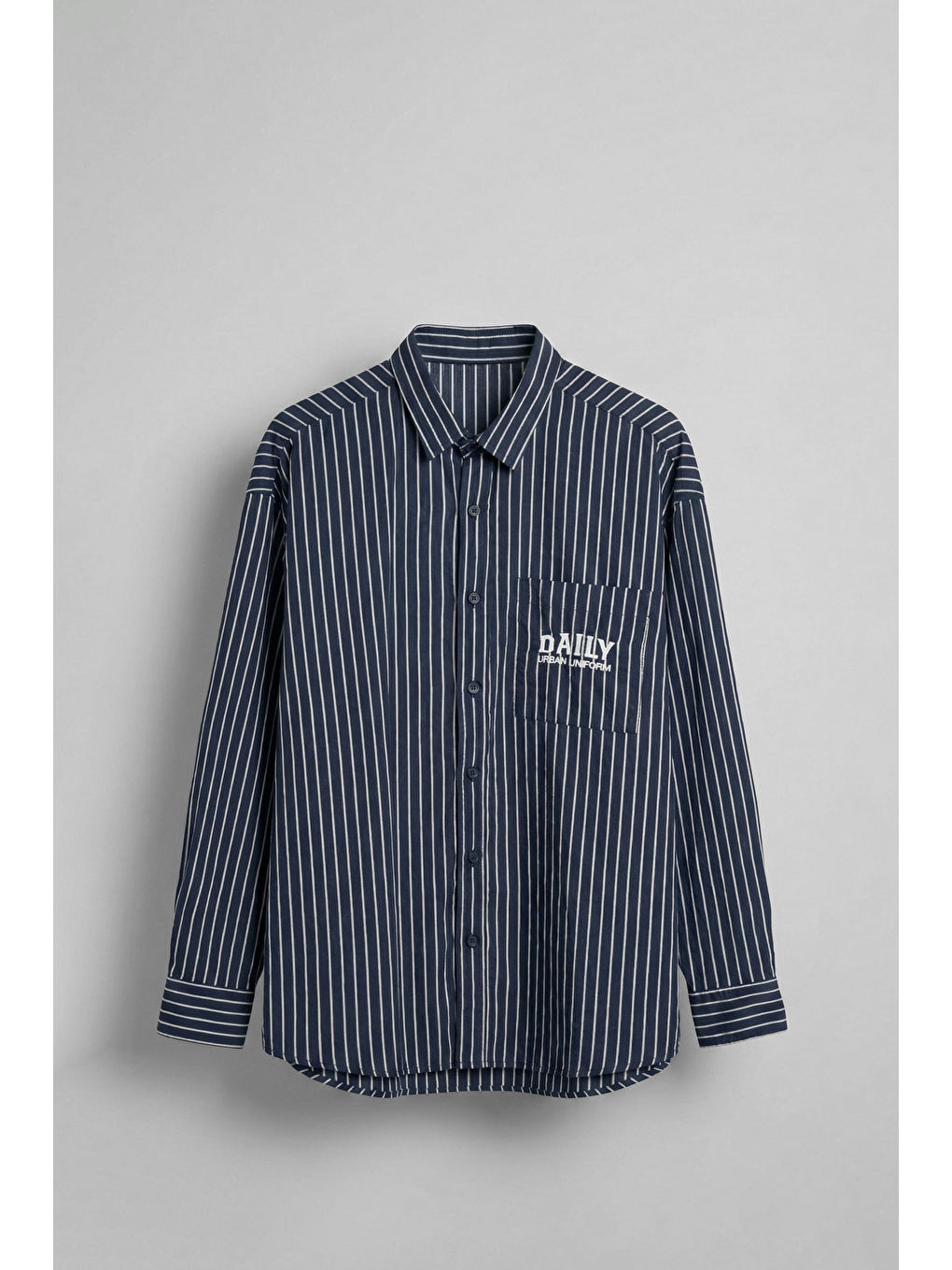 Erkek Çizgili Oversize Uzun Kollu Nakış Detaylı Gömlek Lacivert