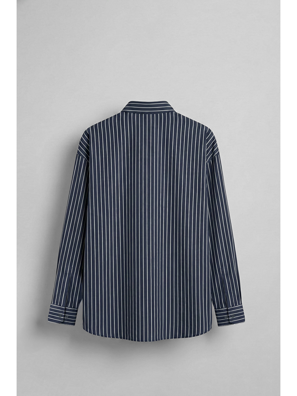 Erkek Çizgili Oversize Uzun Kollu Nakış Detaylı Gömlek Lacivert-1