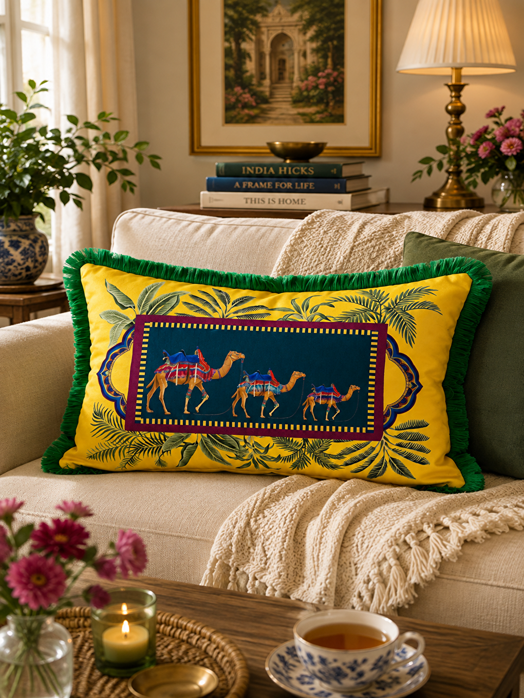 Bohem Etnik Deve Desenli Saçaklı Sarı Koyu Yeşil Kırlent Kılıfı 40x60 Cm-1