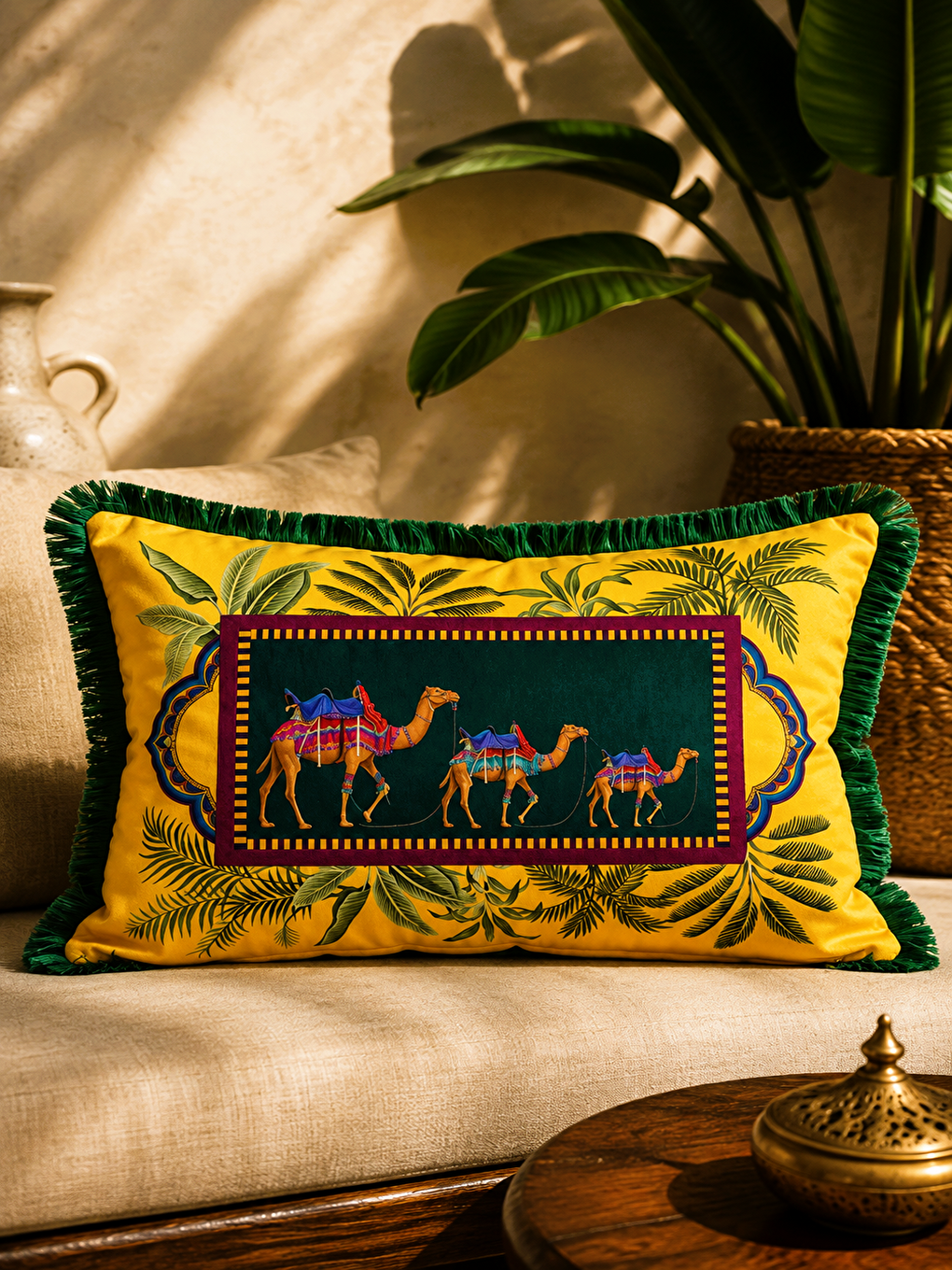 Bohem Etnik Deve Desenli Saçaklı Sarı Koyu Yeşil Kırlent Kılıfı 40x60 Cm-2