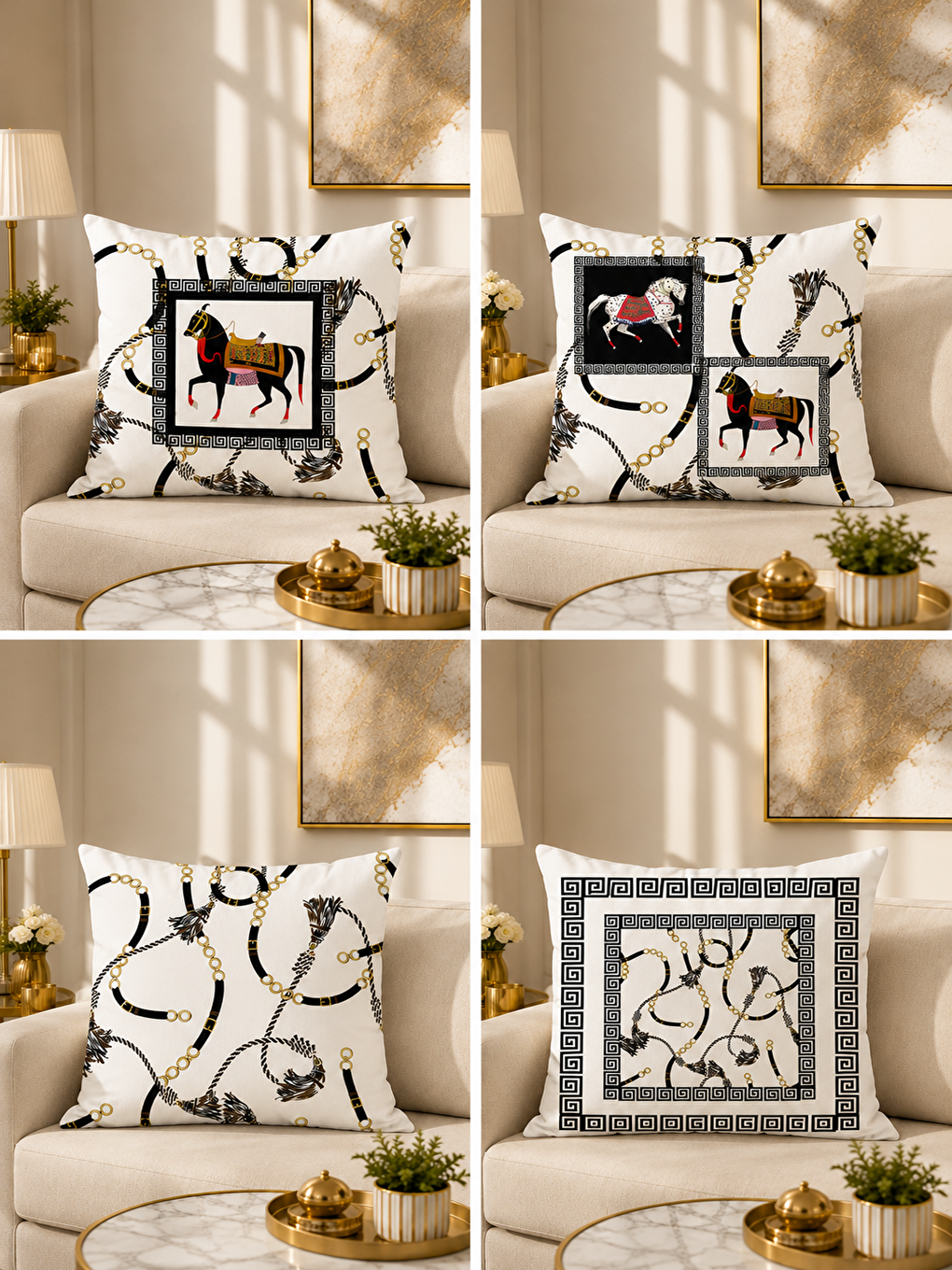 Imperio At Desenli Siyah Beyaz Gold Detaylı 4’lü Modern Dekoratif Kırlent Kılıfı Set 43x43-1