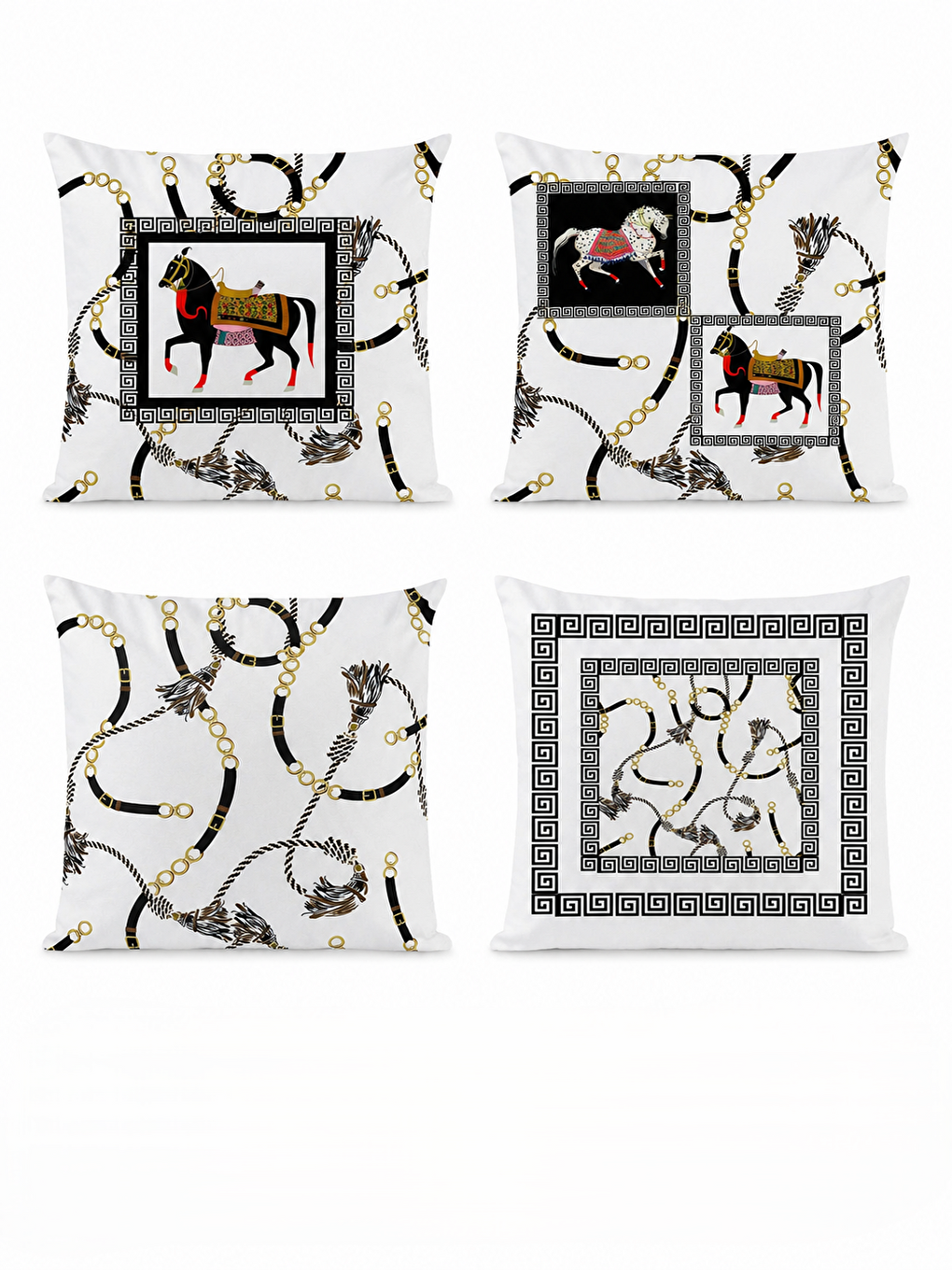 Imperio At Desenli Siyah Beyaz Gold Detaylı 4’lü Modern Dekoratif Kırlent Kılıfı Set 43x43-2