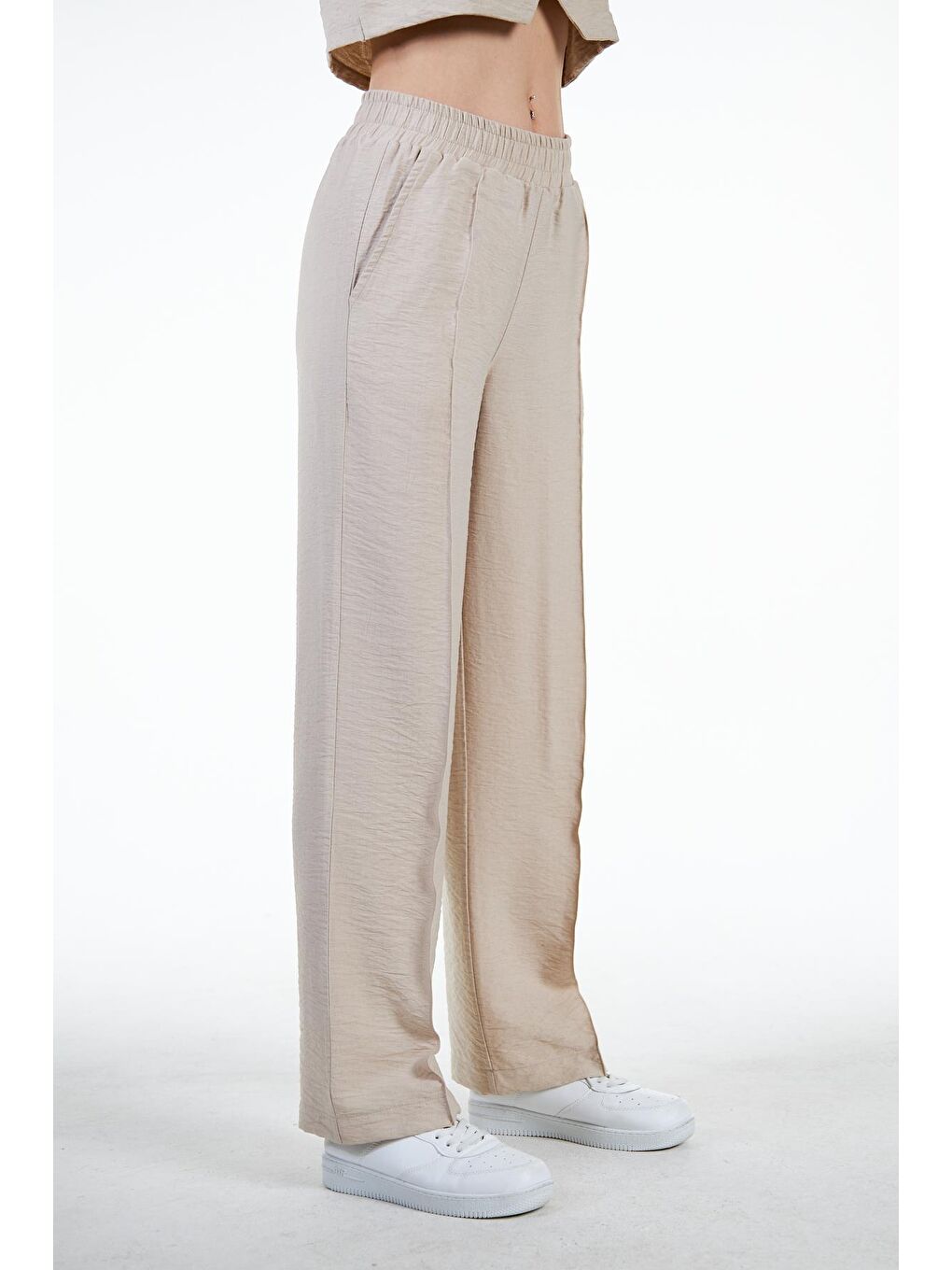 Bej Kadın Keten Görünümlü Nervür Detaylı Bol Kalıp Wide Leg Pantolon - Nomte-5