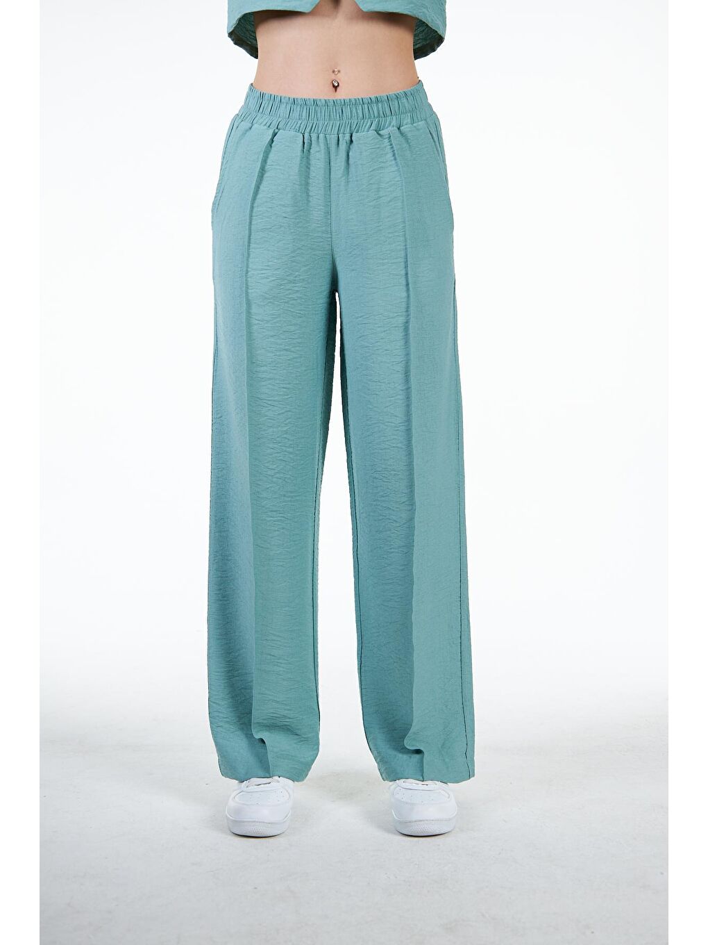 Yeşil Kadın Keten Görünümlü Nervür Detaylı Bol Kalıp Wide Leg Pantolon - Nomte-6