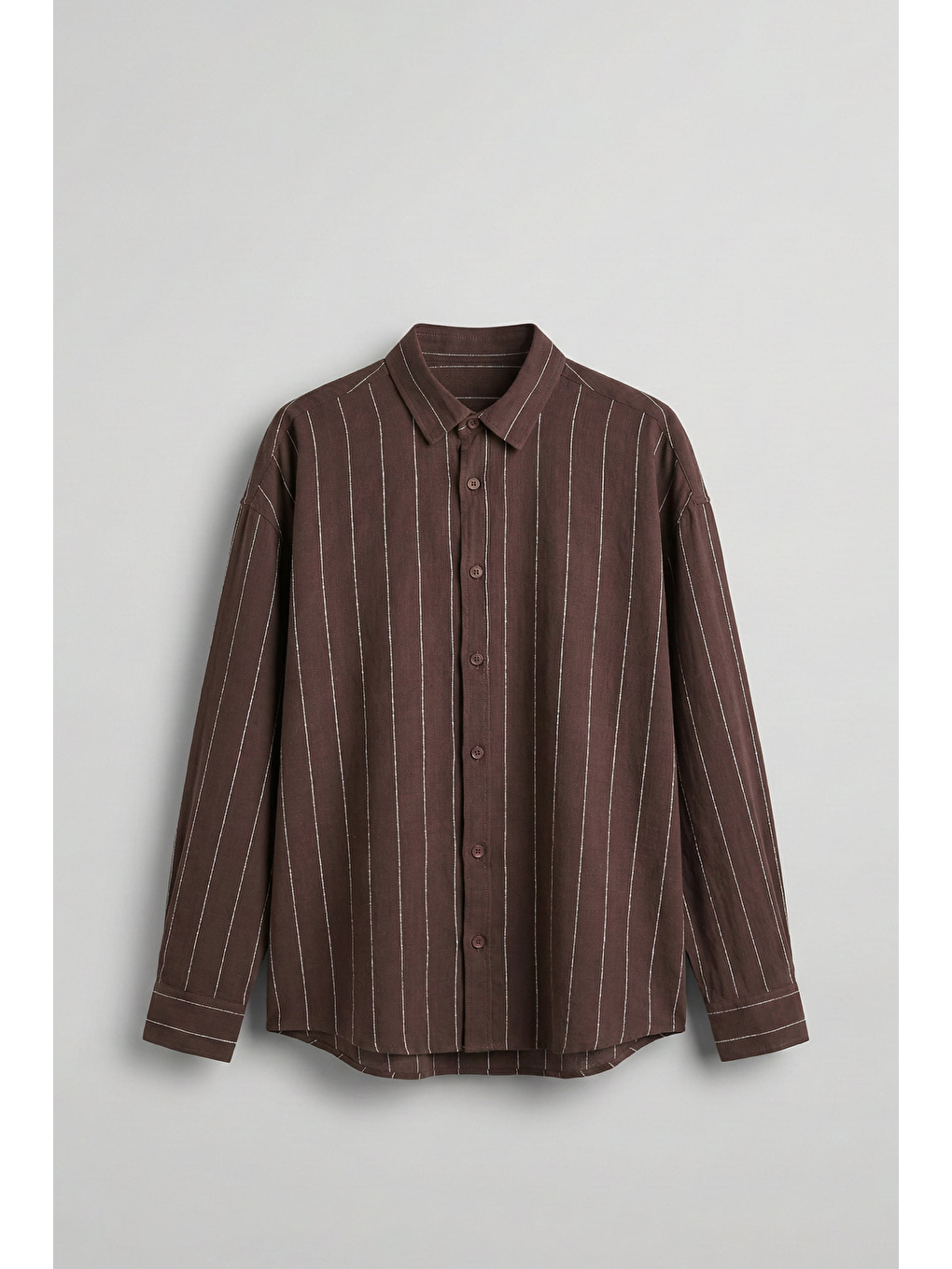 Erkek Oversize Çizgili Keten Uzun Kollu Gömlek Kahverengi