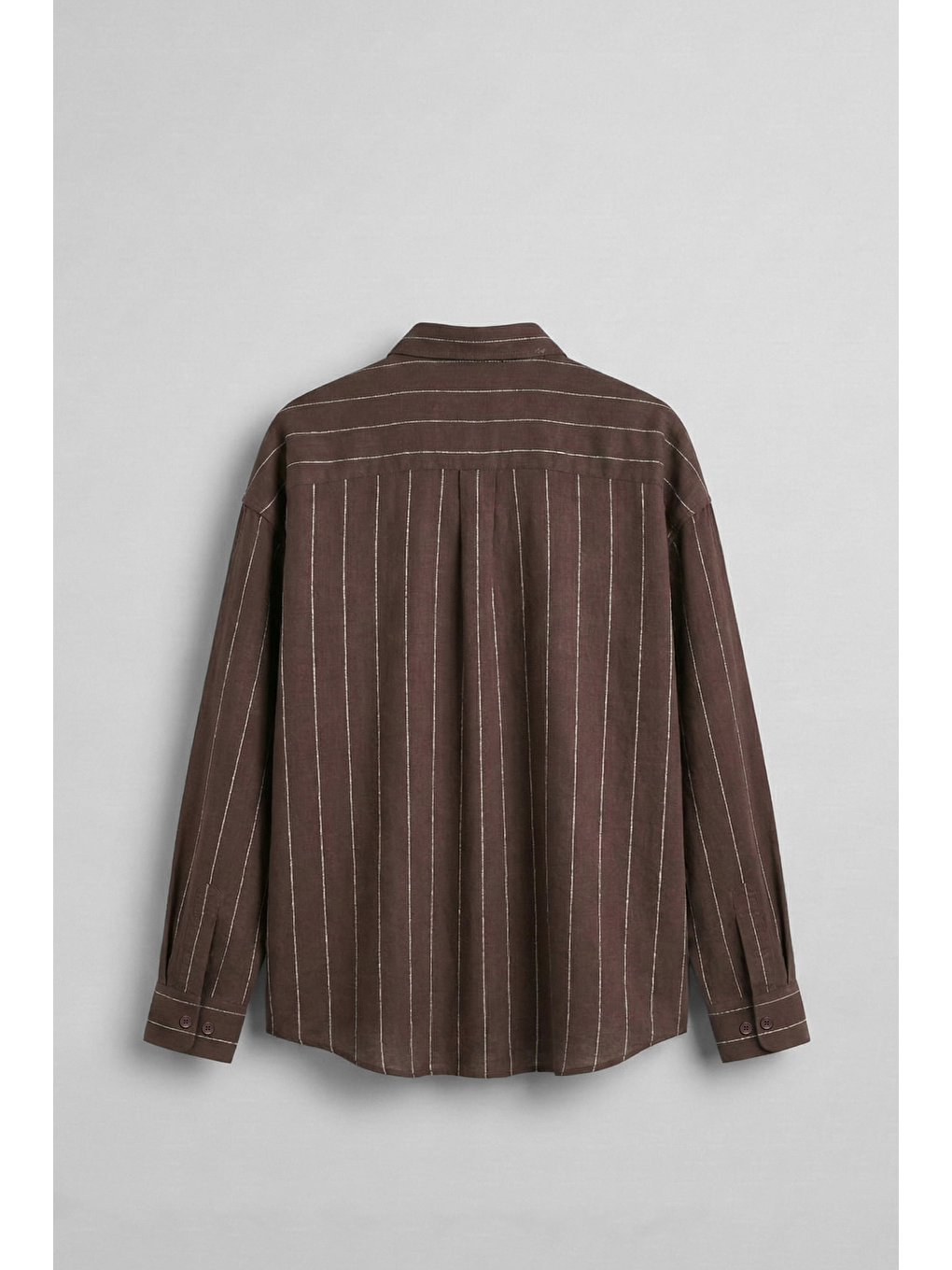 Erkek Oversize Çizgili Keten Uzun Kollu Gömlek Kahverengi-1
