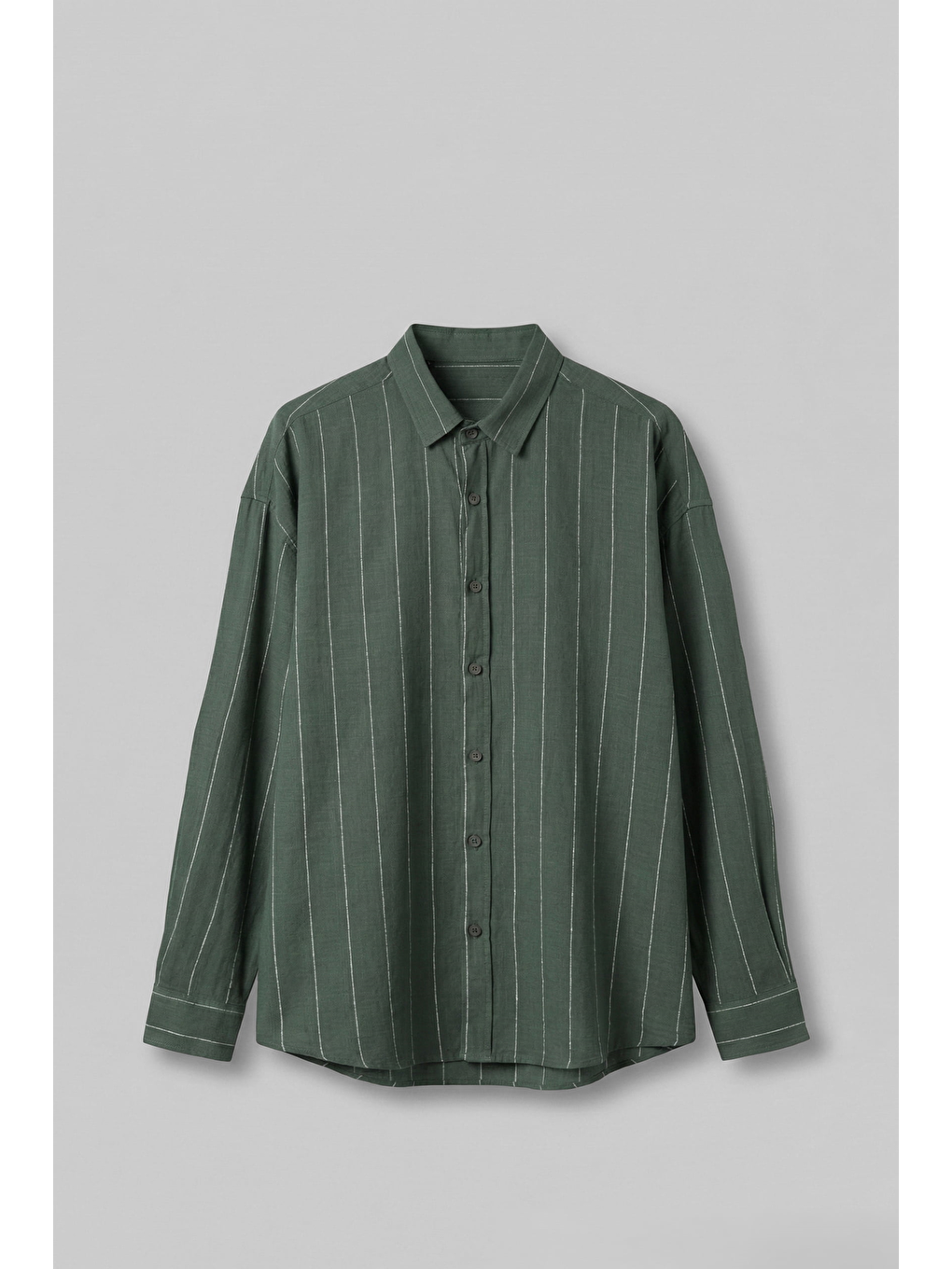 Erkek Oversize Çizgili Keten Uzun Kollu Gömlek Haki