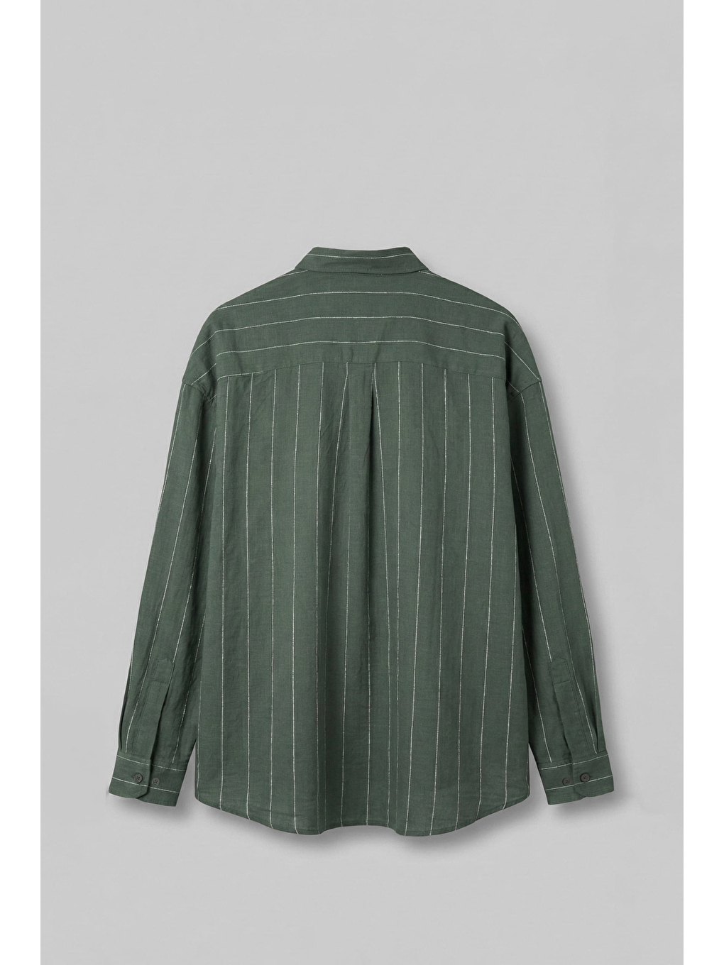 Erkek Oversize Çizgili Keten Uzun Kollu Gömlek Haki-1