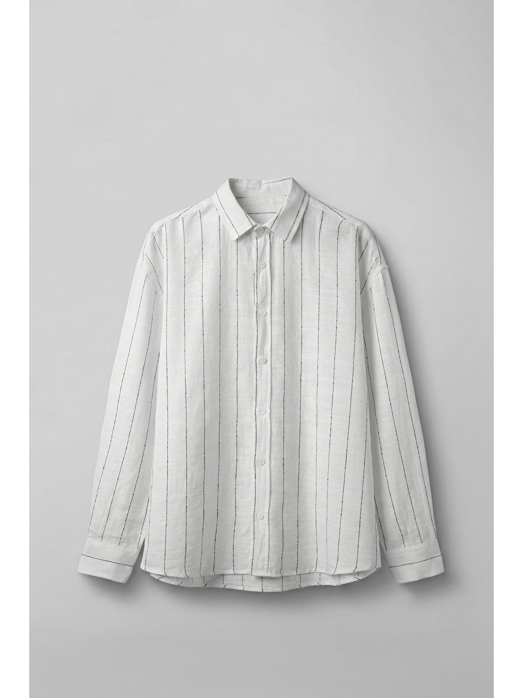 Erkek Oversize Çizgili Keten Uzun Kollu Gömlek Beyaz