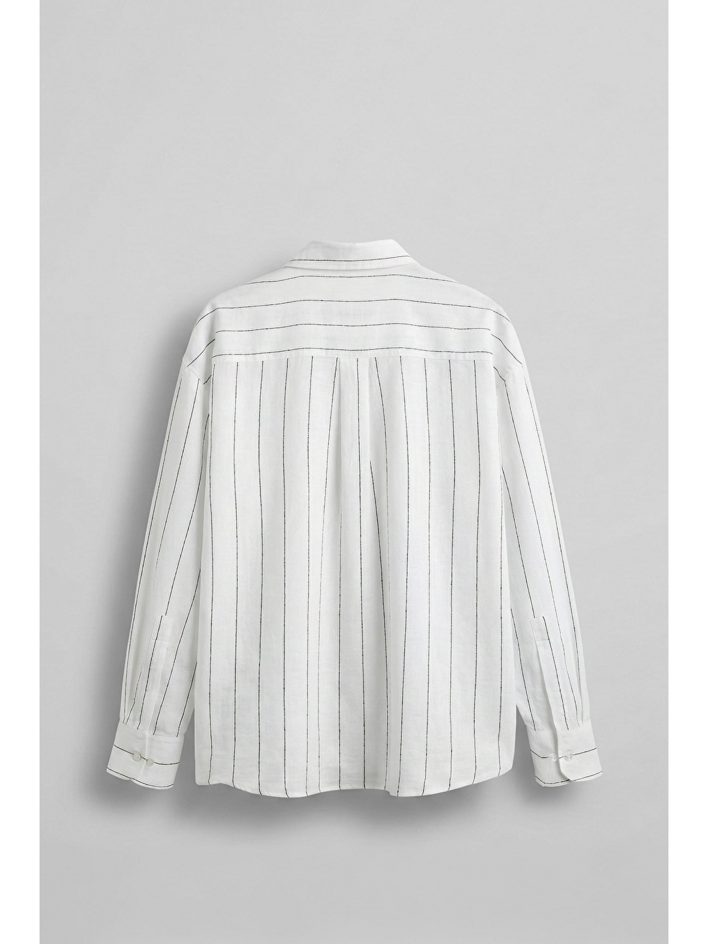 Erkek Oversize Çizgili Keten Uzun Kollu Gömlek Beyaz-1