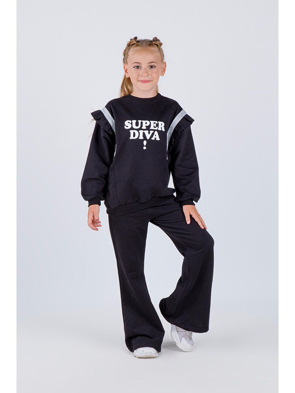 Siyah Kız Çocuk İspanyol Paça Örme Diva Baskı Basic Takım