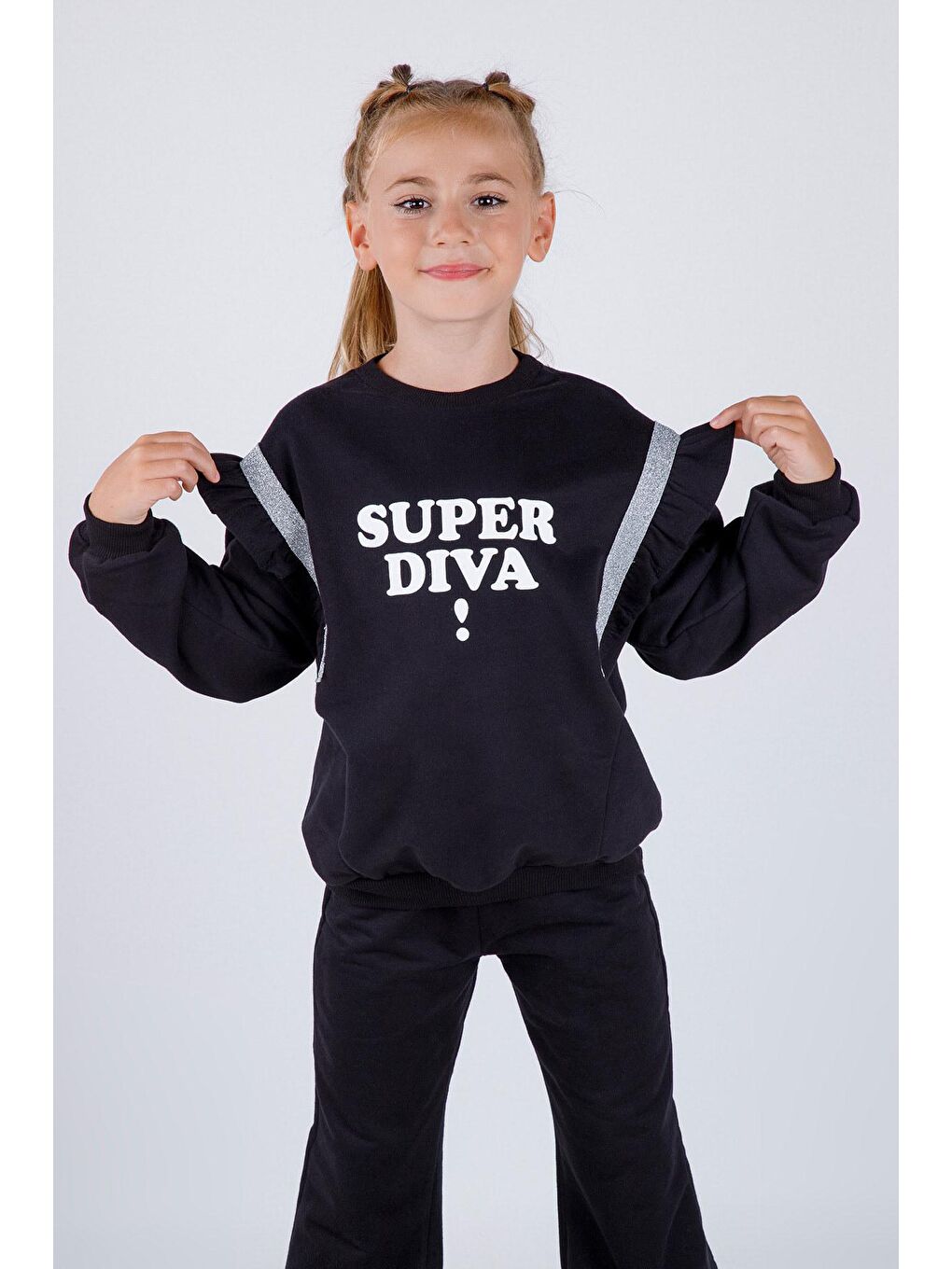 Siyah Kız Çocuk İspanyol Paça Örme Diva Baskı Basic Takım-1