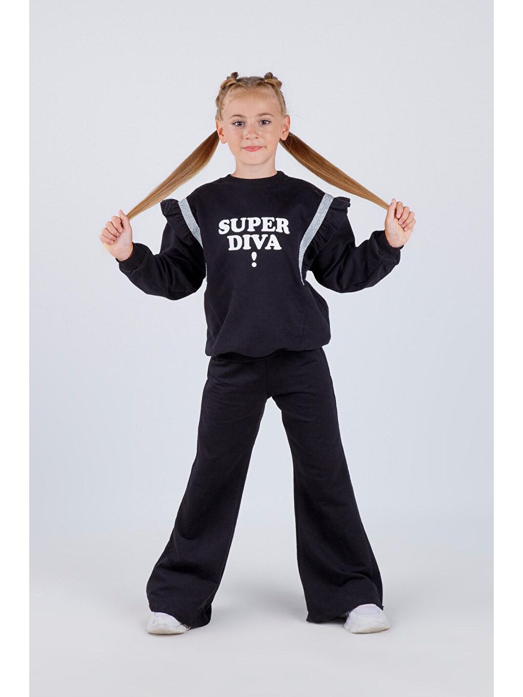 Siyah Kız Çocuk İspanyol Paça Örme Diva Baskı Basic Takım-2