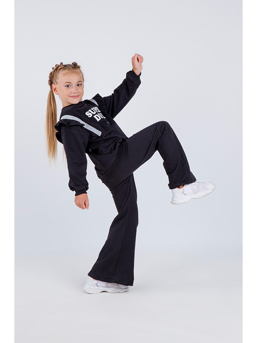 Siyah Kız Çocuk İspanyol Paça Örme Diva Baskı Basic Takım-3