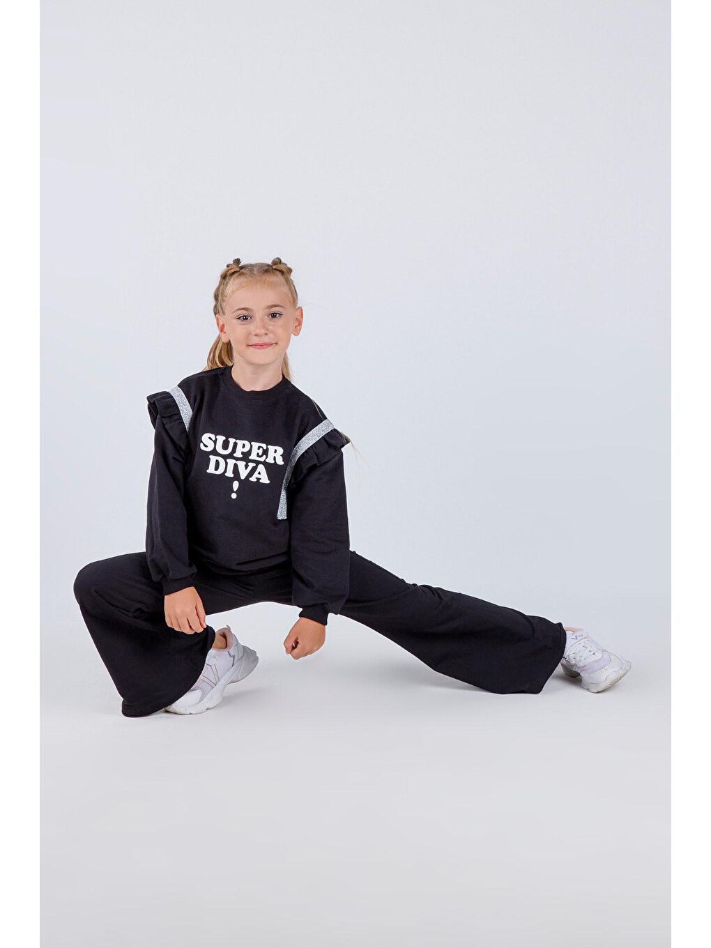 Siyah Kız Çocuk İspanyol Paça Örme Diva Baskı Basic Takım-5