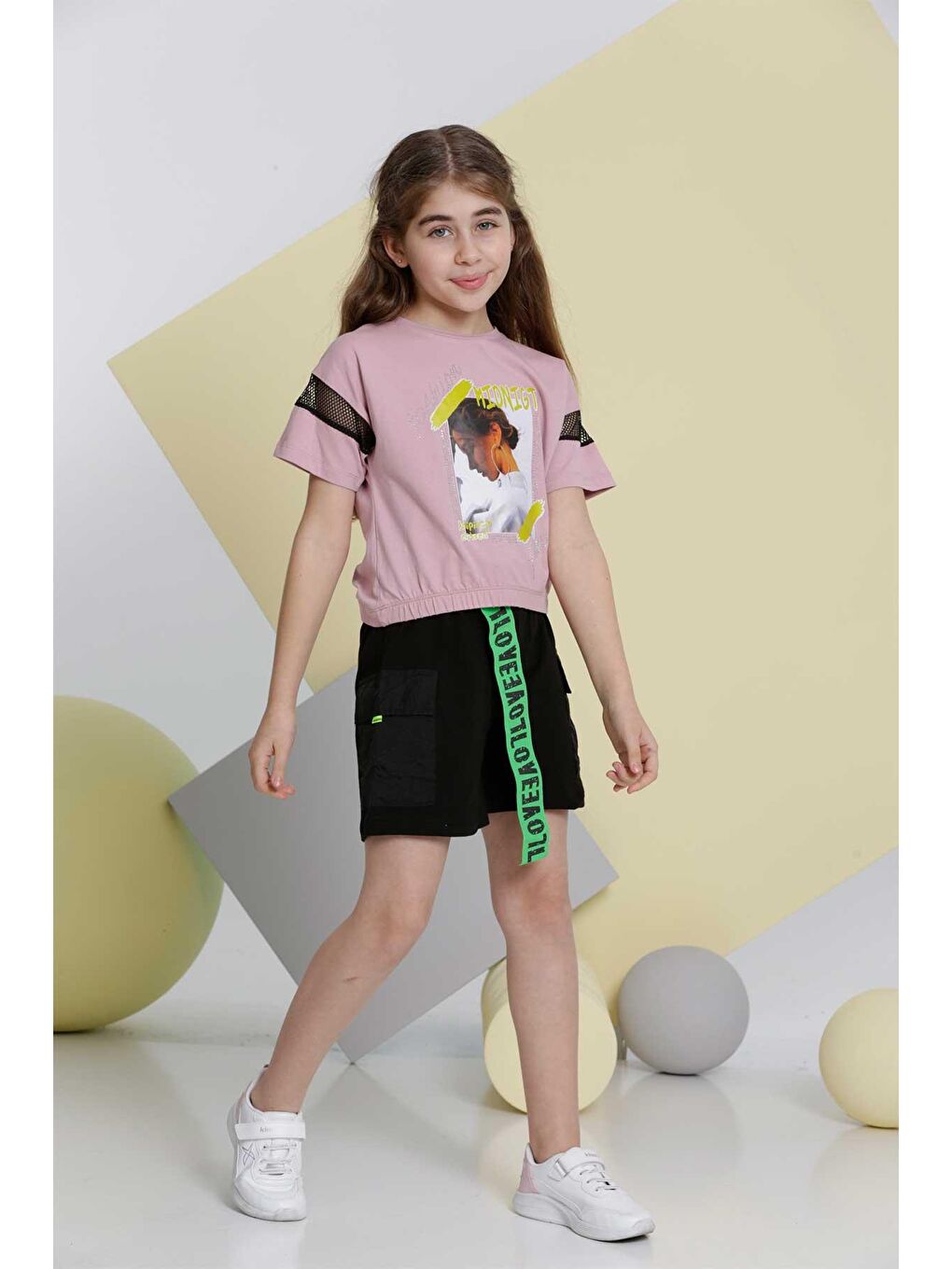 Pina Kids Pembe Kız Çocuk Şortlu Takım Cepli Şort Basic Tshirt 8-12Yaş