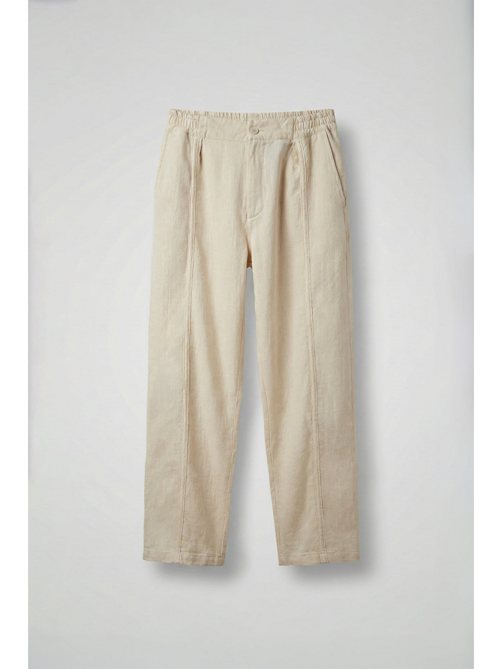 Erkek Baggy Keten Şerit Detaylı Lastik Bel Pantolon Bej