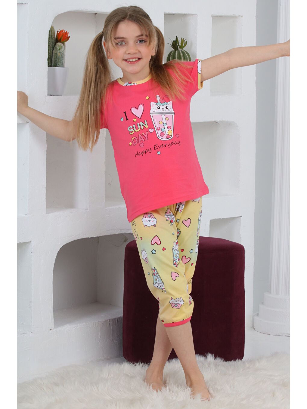 Kapi Kids Fuşya Kız Çocuk Kaprili-Baskılı Pijama Takımı 3-11 Yaş Mnx 6083-84