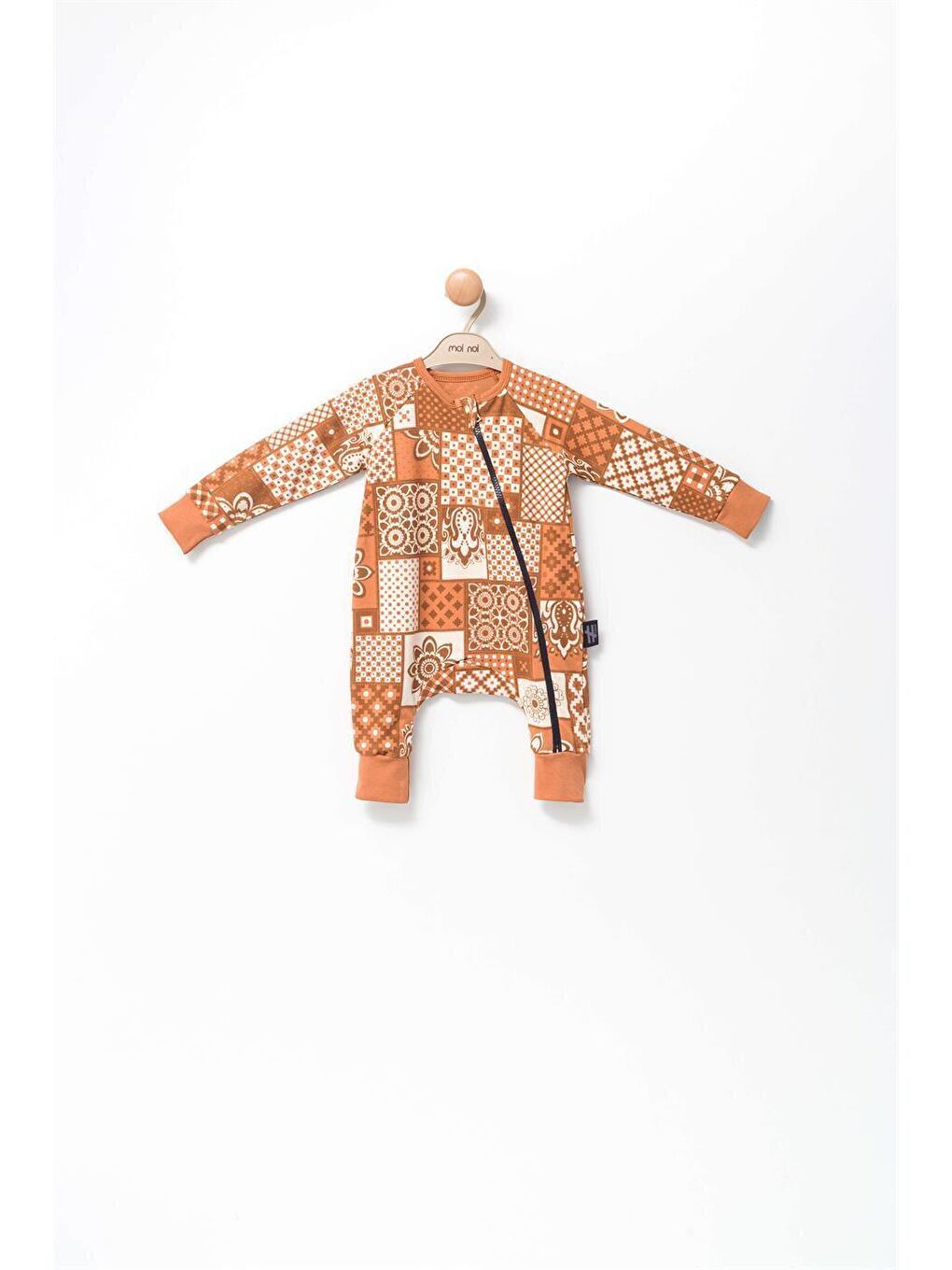 Kahverengi Desenli Uzun Kollu  Fermuarlı Tulum