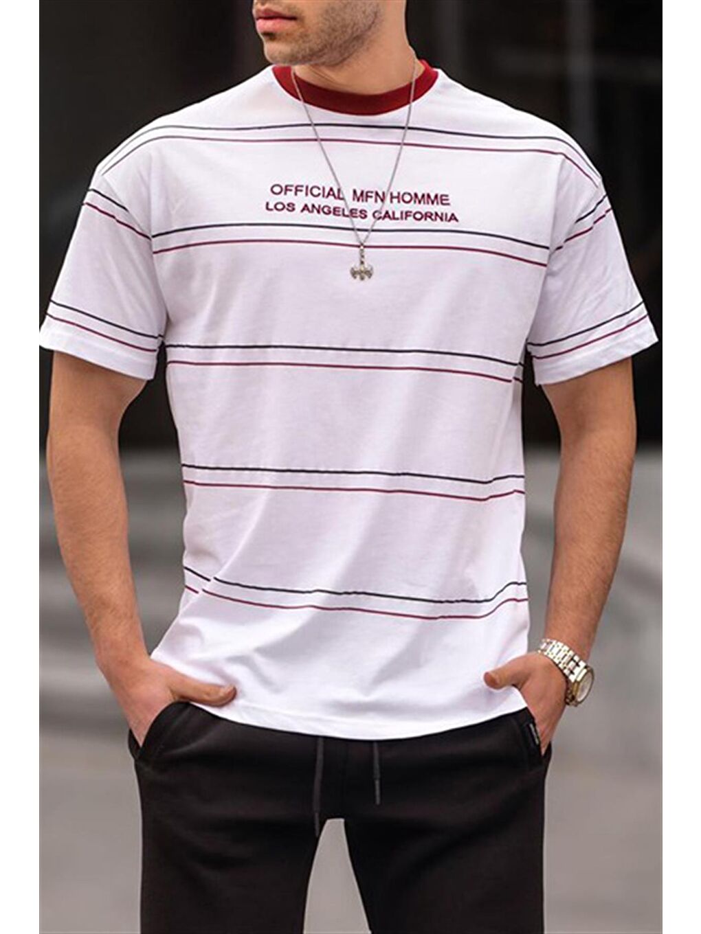 Bisiklet Yaka Beyaz Çizgili Regular Fit Erkek %100 Pamuk Tişört 6063-2