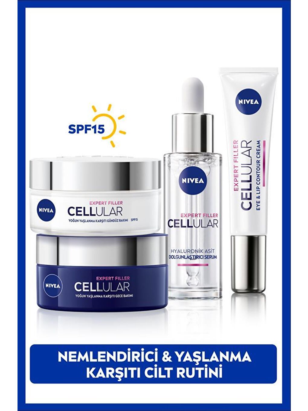 NIVEA Cellular Expert Filler Serum 30ml, Yaşlanma Karşıtı Gündüz Kremi 50ml, Gece Kremi 50ml ve Göz Kremi