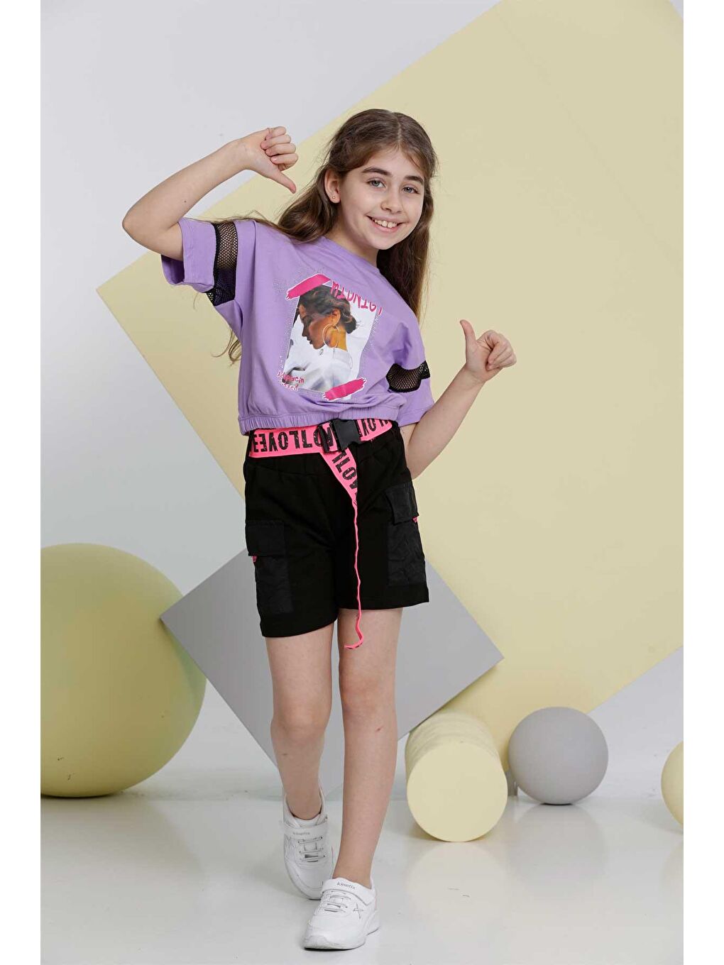 Pina Kids Lila Kız Çocuk Şortlu Takım Cepli Şort Basic Tshirt 8-12Yaş