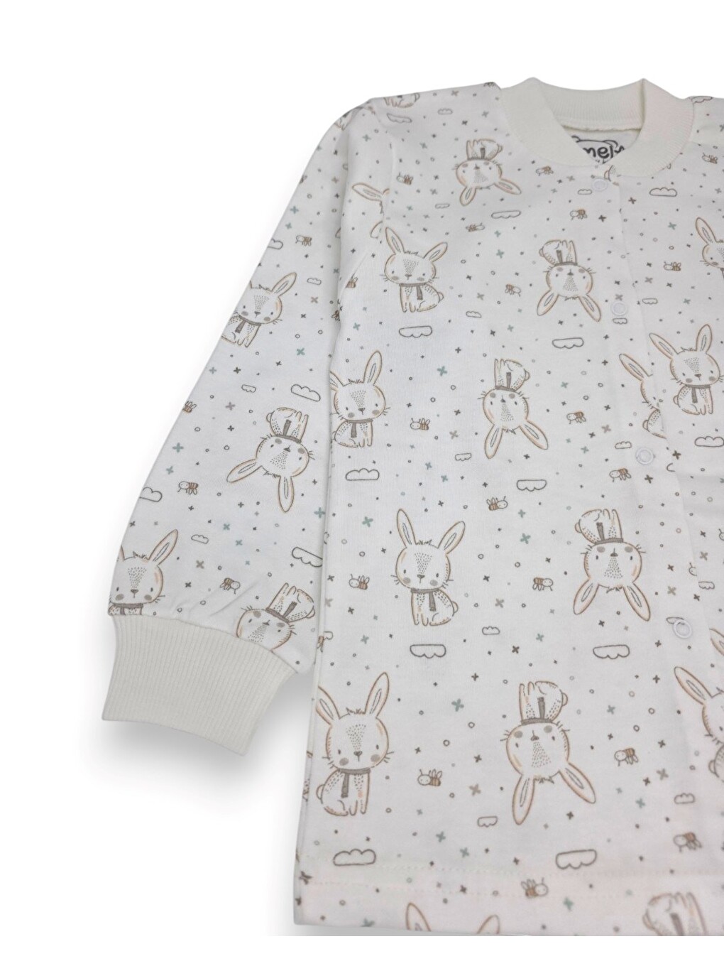 Ekru Kız Çocuk Çıtçıtlı Uzun Kollu %100 Pamuk Tavşan Baskılı Pijama Takımı-1
