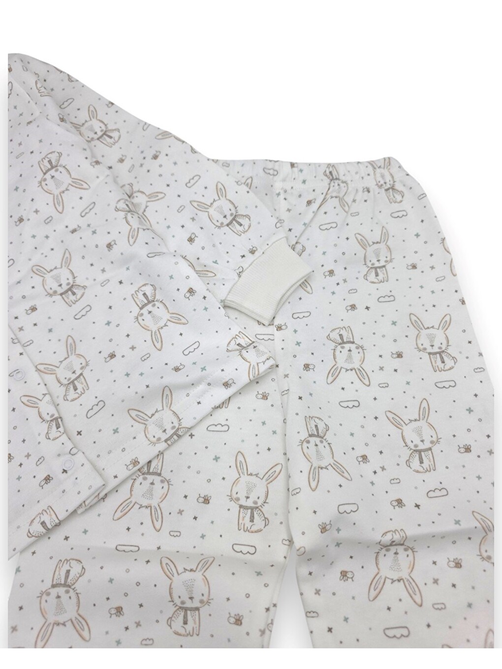 Ekru Kız Çocuk Çıtçıtlı Uzun Kollu %100 Pamuk Tavşan Baskılı Pijama Takımı-3