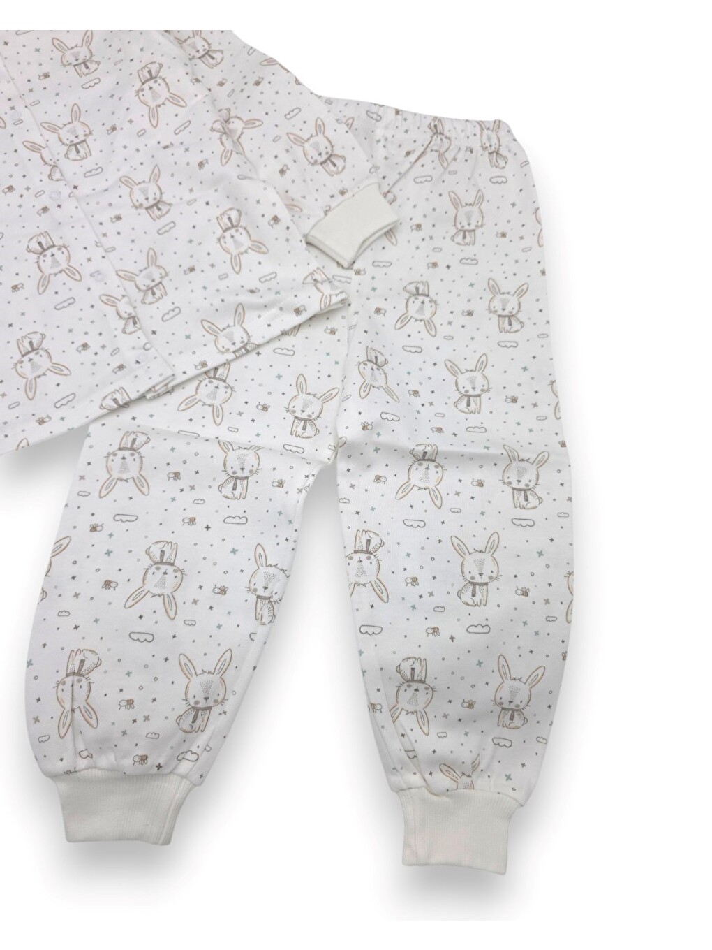 Ekru Kız Çocuk Çıtçıtlı Uzun Kollu %100 Pamuk Tavşan Baskılı Pijama Takımı-4