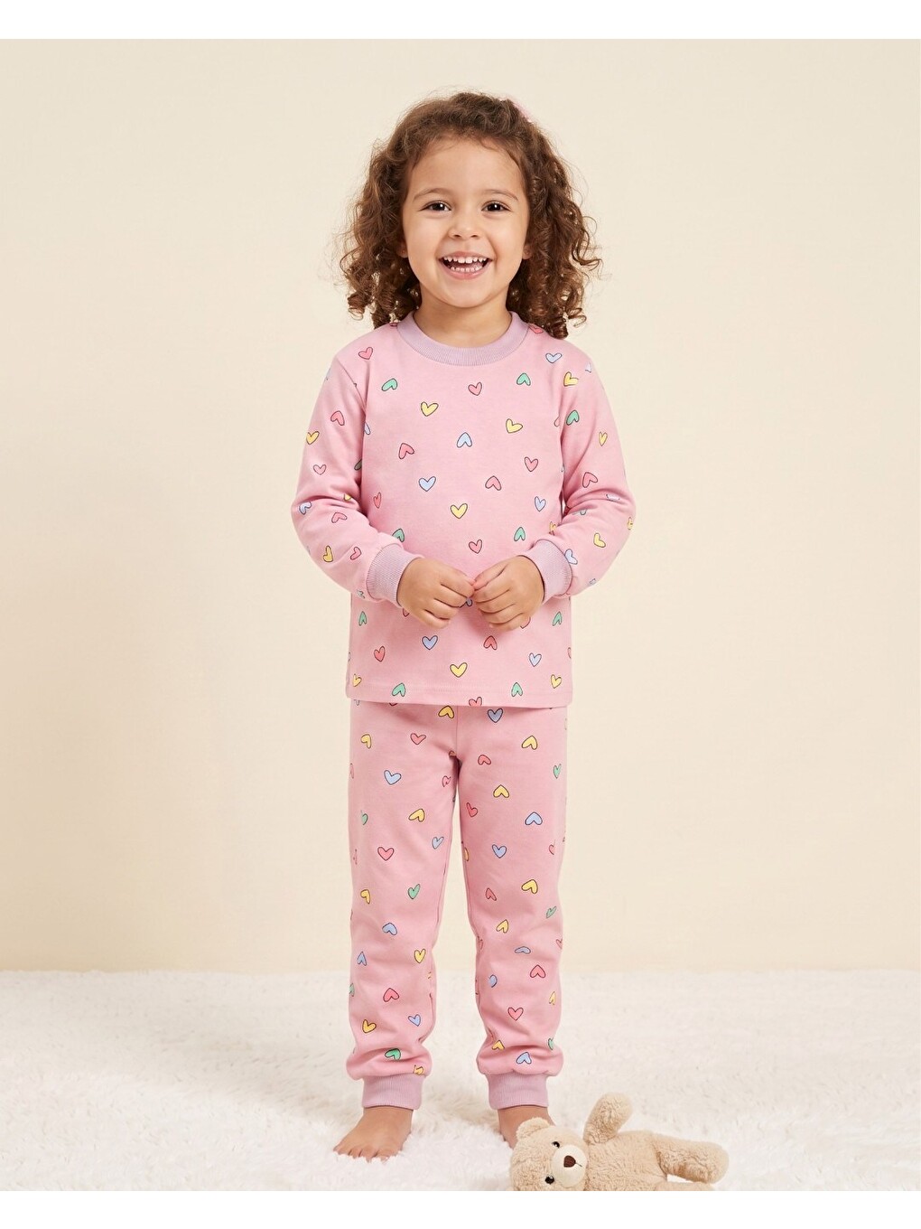 Pembe Kız Çocuk Kalp Baskılı Bisiklet Yakalı %100 Pamuklu Alt Üst Pijama Takımı