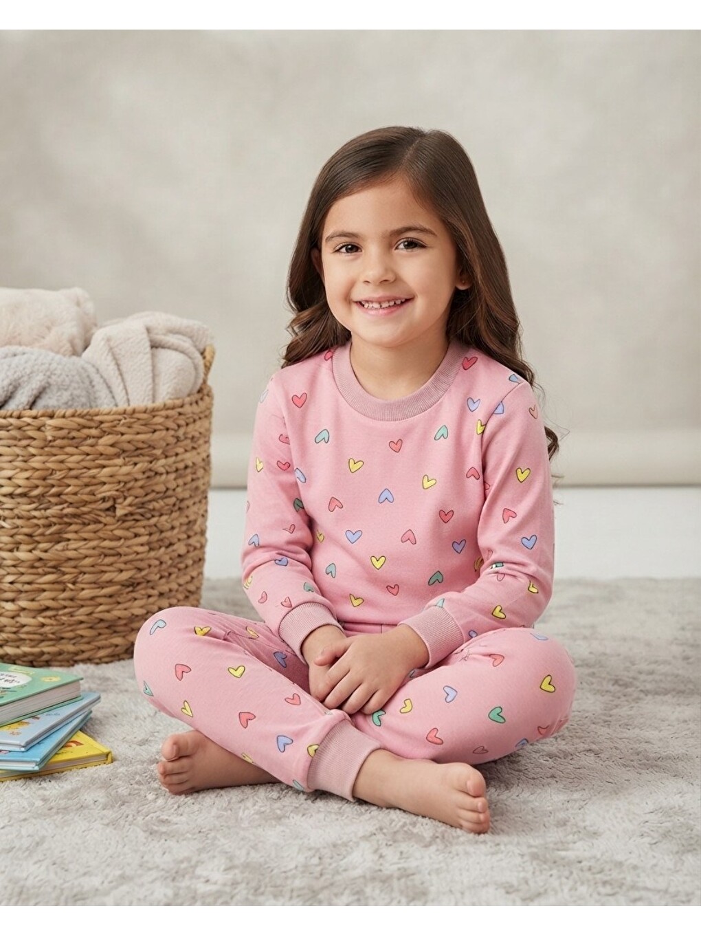 Pembe Kız Çocuk Kalp Baskılı Bisiklet Yakalı %100 Pamuklu Alt Üst Pijama Takımı-1