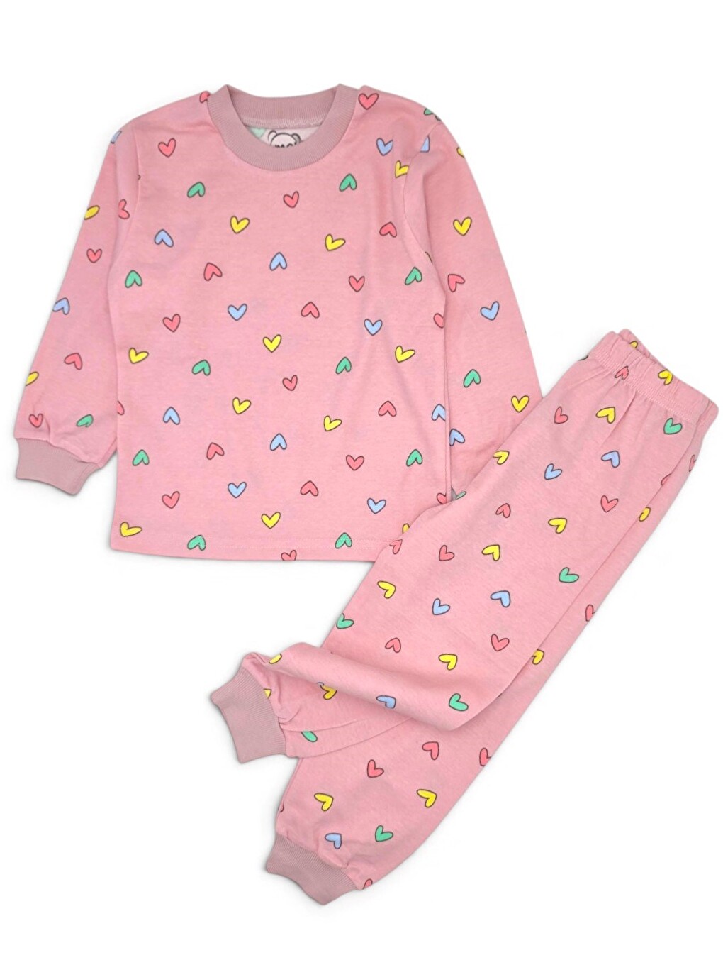Pembe Kız Çocuk Kalp Baskılı Bisiklet Yakalı %100 Pamuklu Alt Üst Pijama Takımı-2