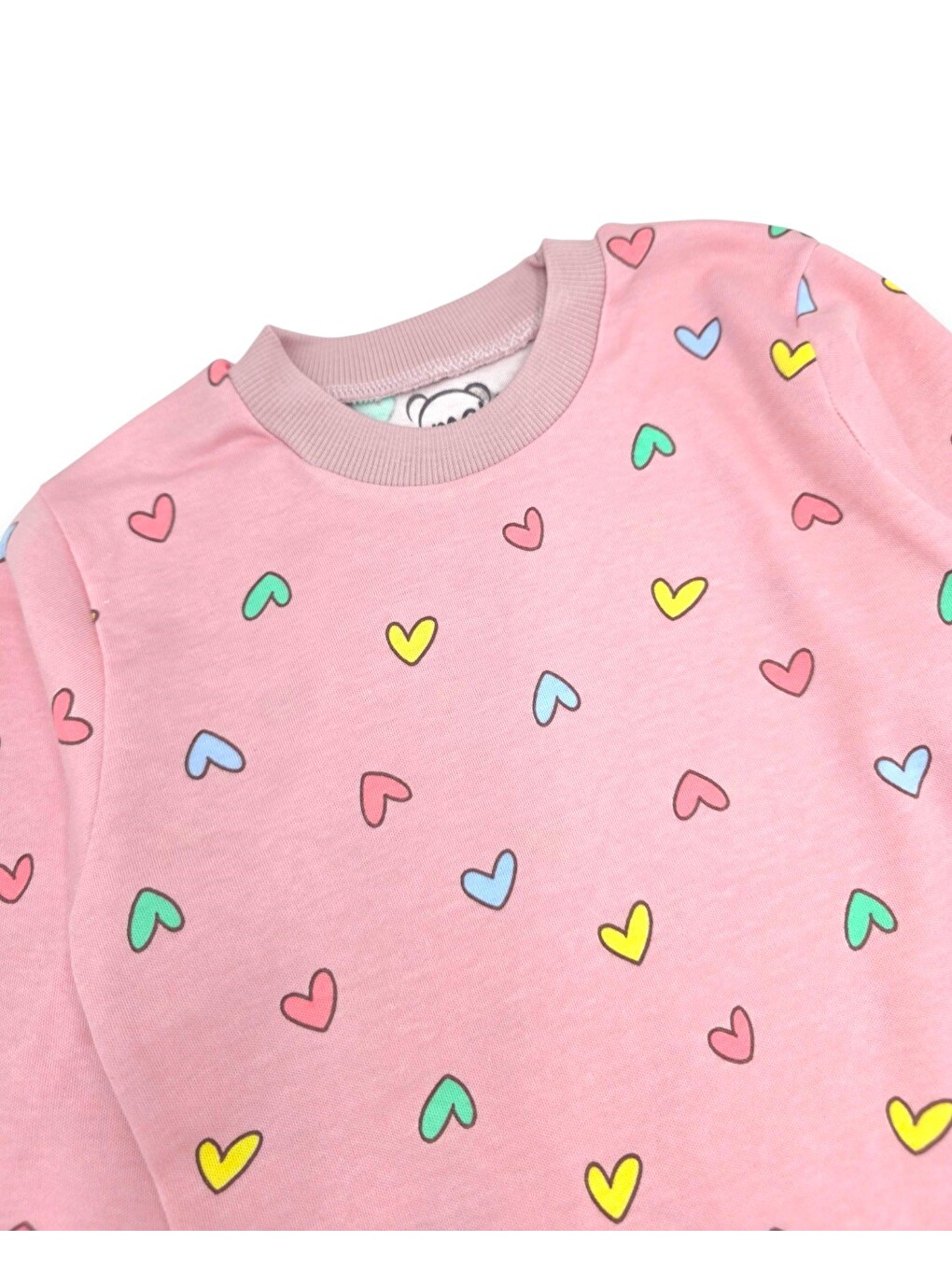 Pembe Kız Çocuk Kalp Baskılı Bisiklet Yakalı %100 Pamuklu Alt Üst Pijama Takımı-3