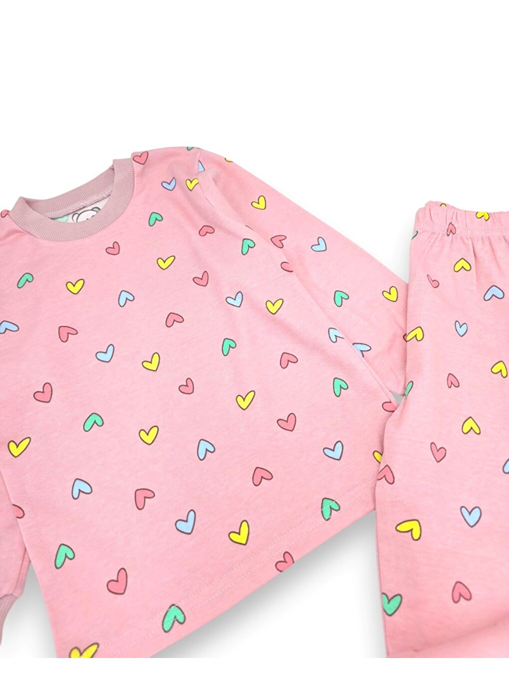 Pembe Kız Çocuk Kalp Baskılı Bisiklet Yakalı %100 Pamuklu Alt Üst Pijama Takımı-4
