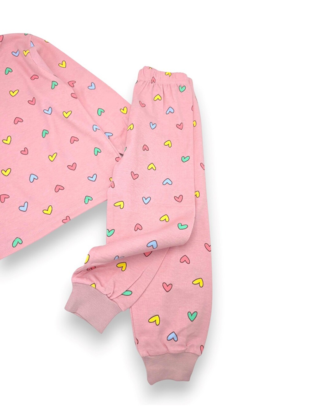 Pembe Kız Çocuk Kalp Baskılı Bisiklet Yakalı %100 Pamuklu Alt Üst Pijama Takımı-5