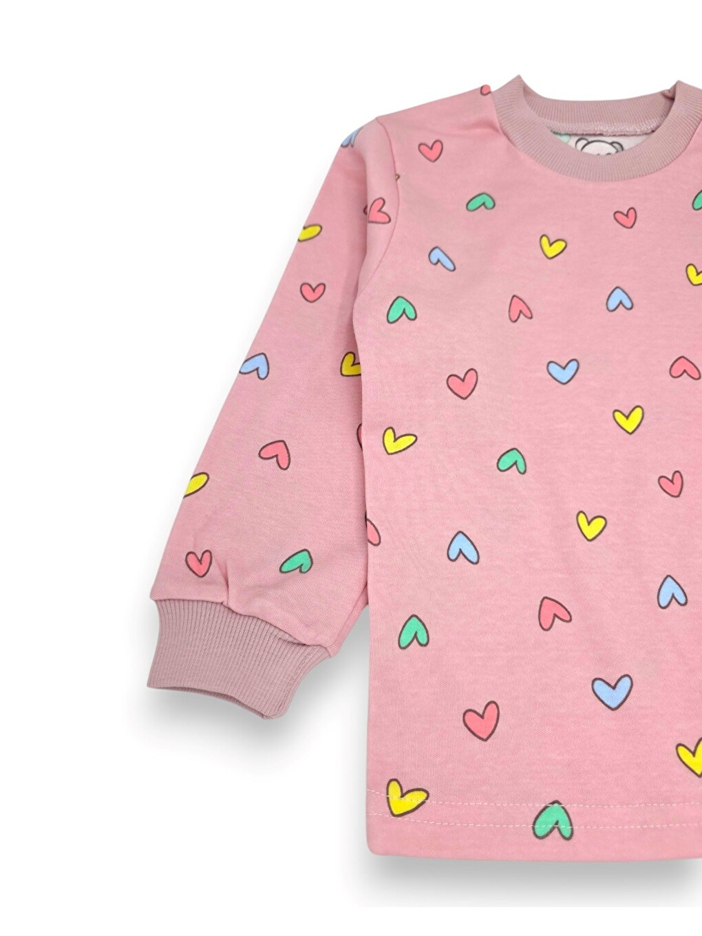 Pembe Kız Çocuk Kalp Baskılı Bisiklet Yakalı %100 Pamuklu Alt Üst Pijama Takımı-6