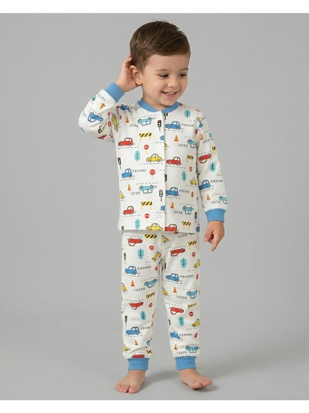 Ekru Erkek Çocuk Çıtçıtlı Araba Baskılı 0-6 Yaş %100 Pamuklu Mevsimlik Gecelik Pijama Takımı-1