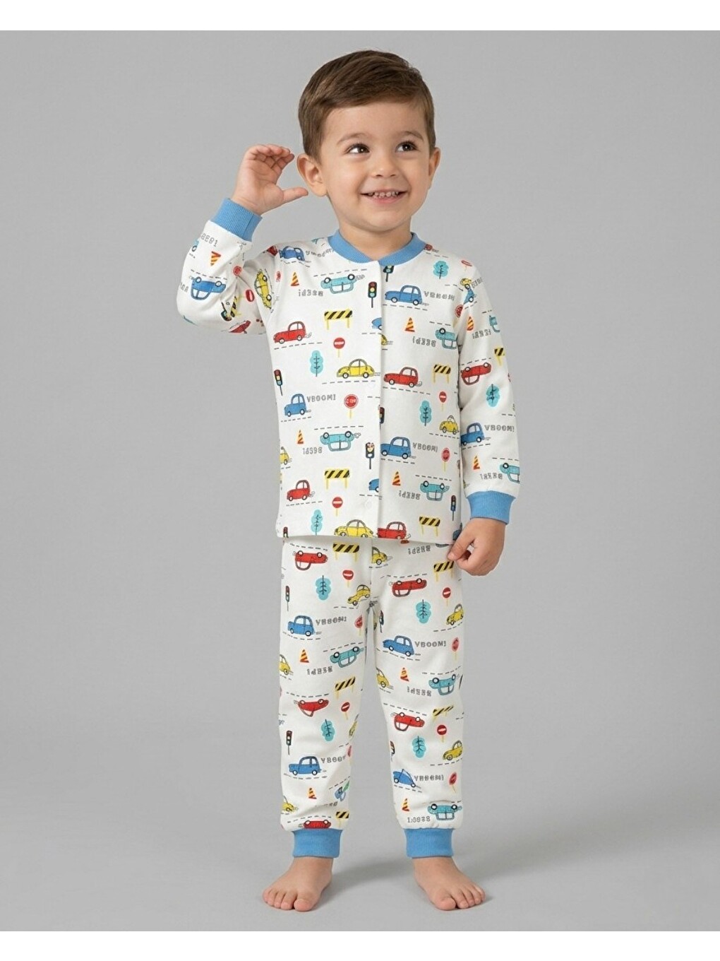Ekru Erkek Çocuk Çıtçıtlı Araba Baskılı 0-6 Yaş %100 Pamuklu Mevsimlik Gecelik Pijama Takımı-2